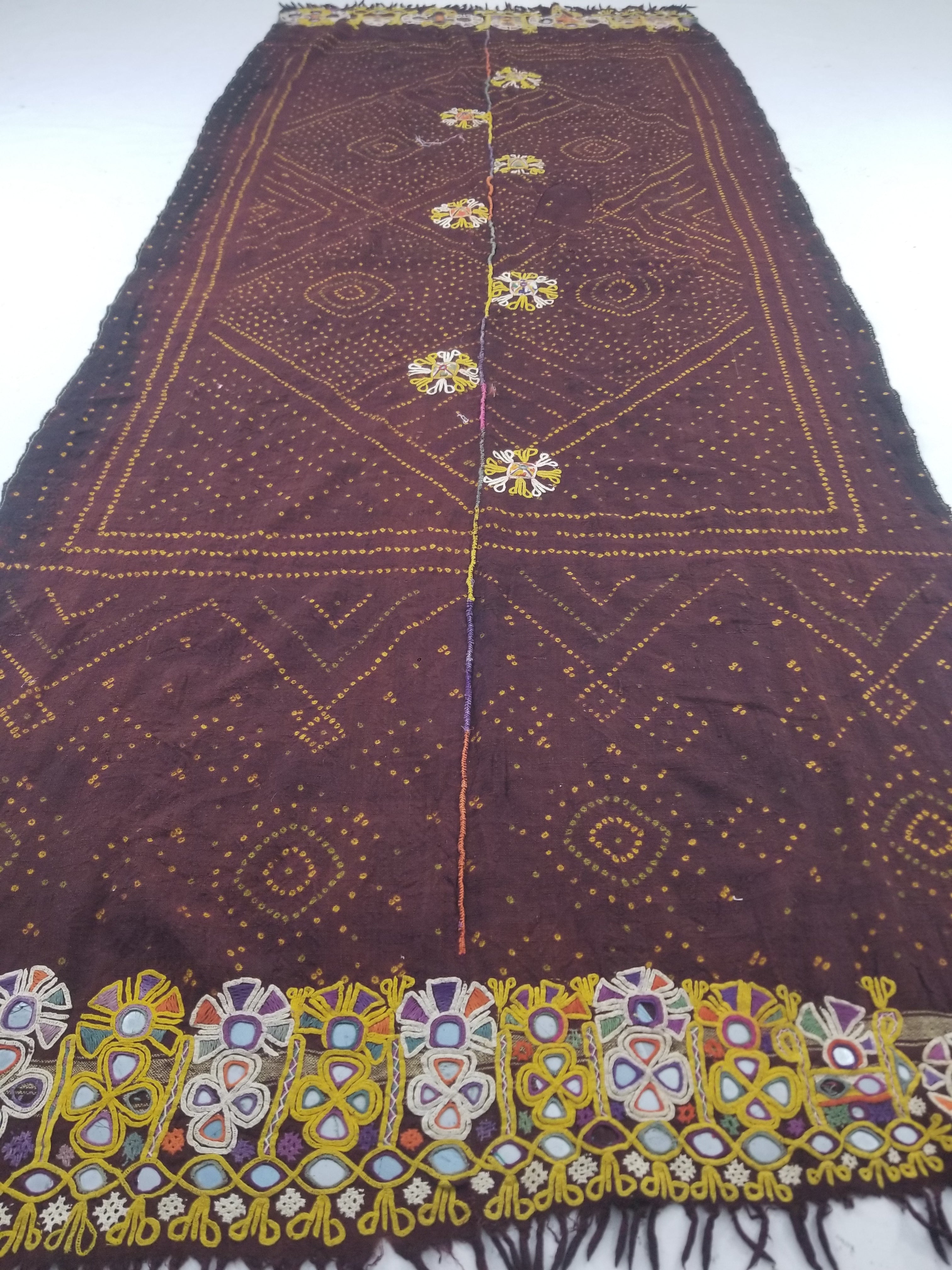 Vintage Traditional Indian Rabari Hand Embroidered Mirror Work Shawl 270x113cm