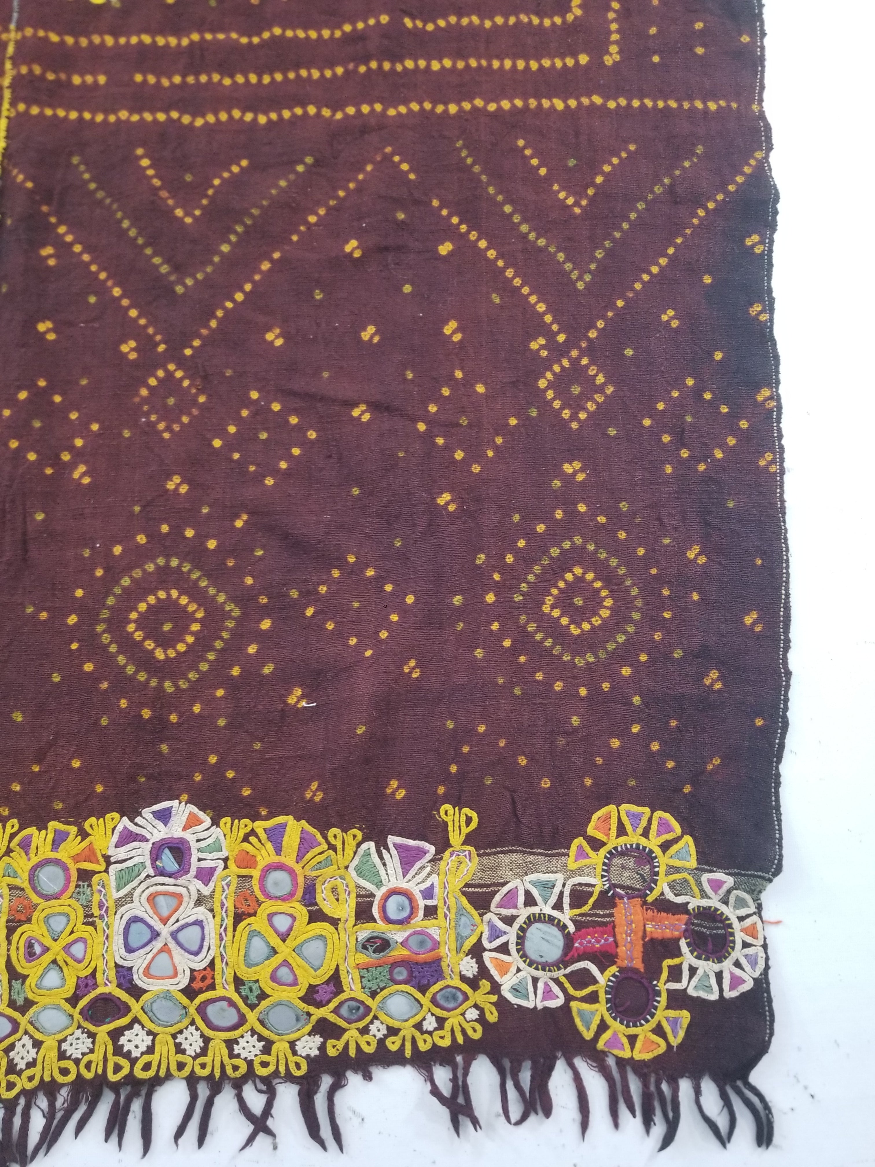Vintage Traditional Indian Rabari Hand Embroidered Mirror Work Shawl 270x113cm