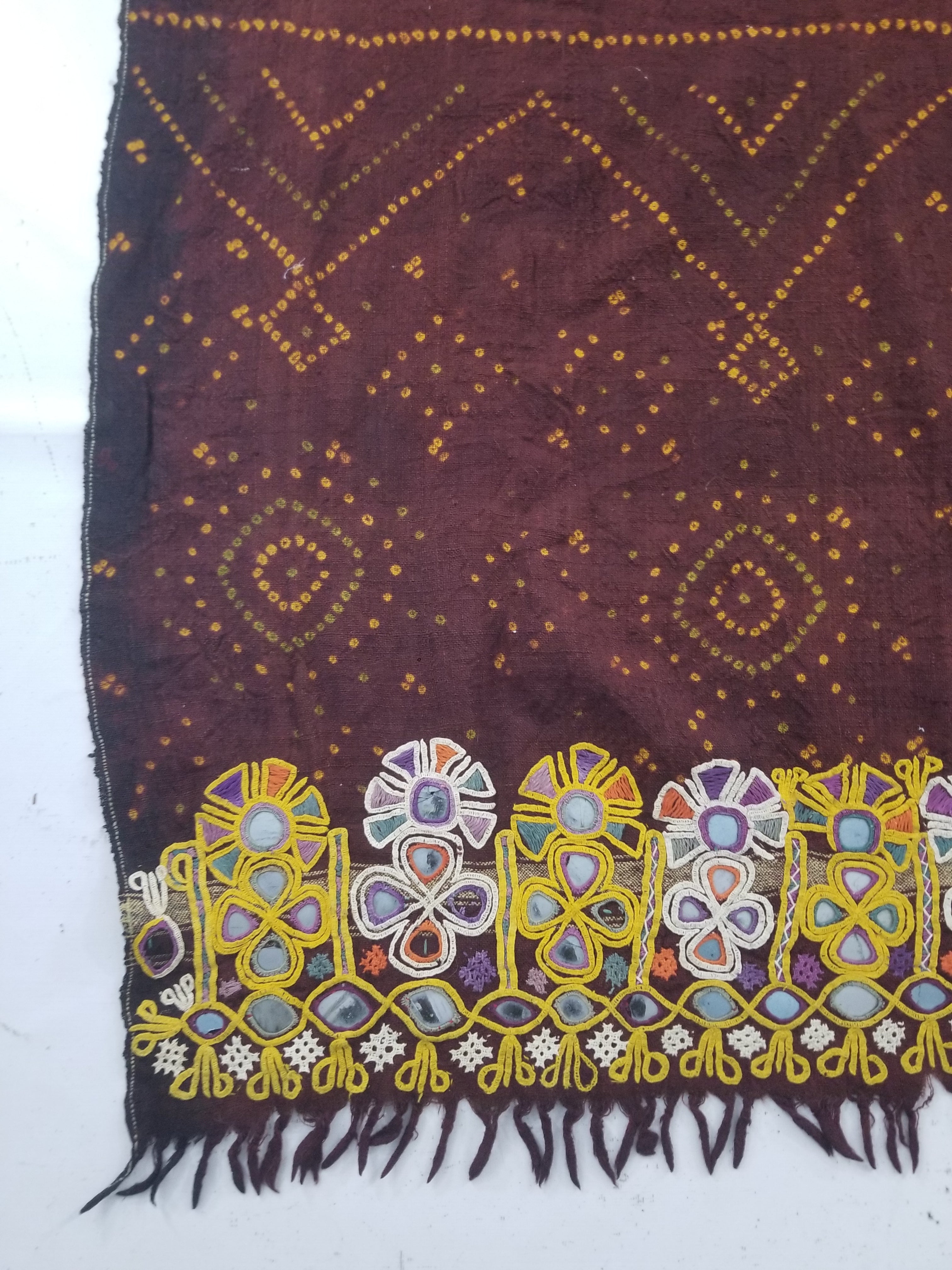 Vintage Traditional Indian Rabari Hand Embroidered Mirror Work Shawl 270x113cm