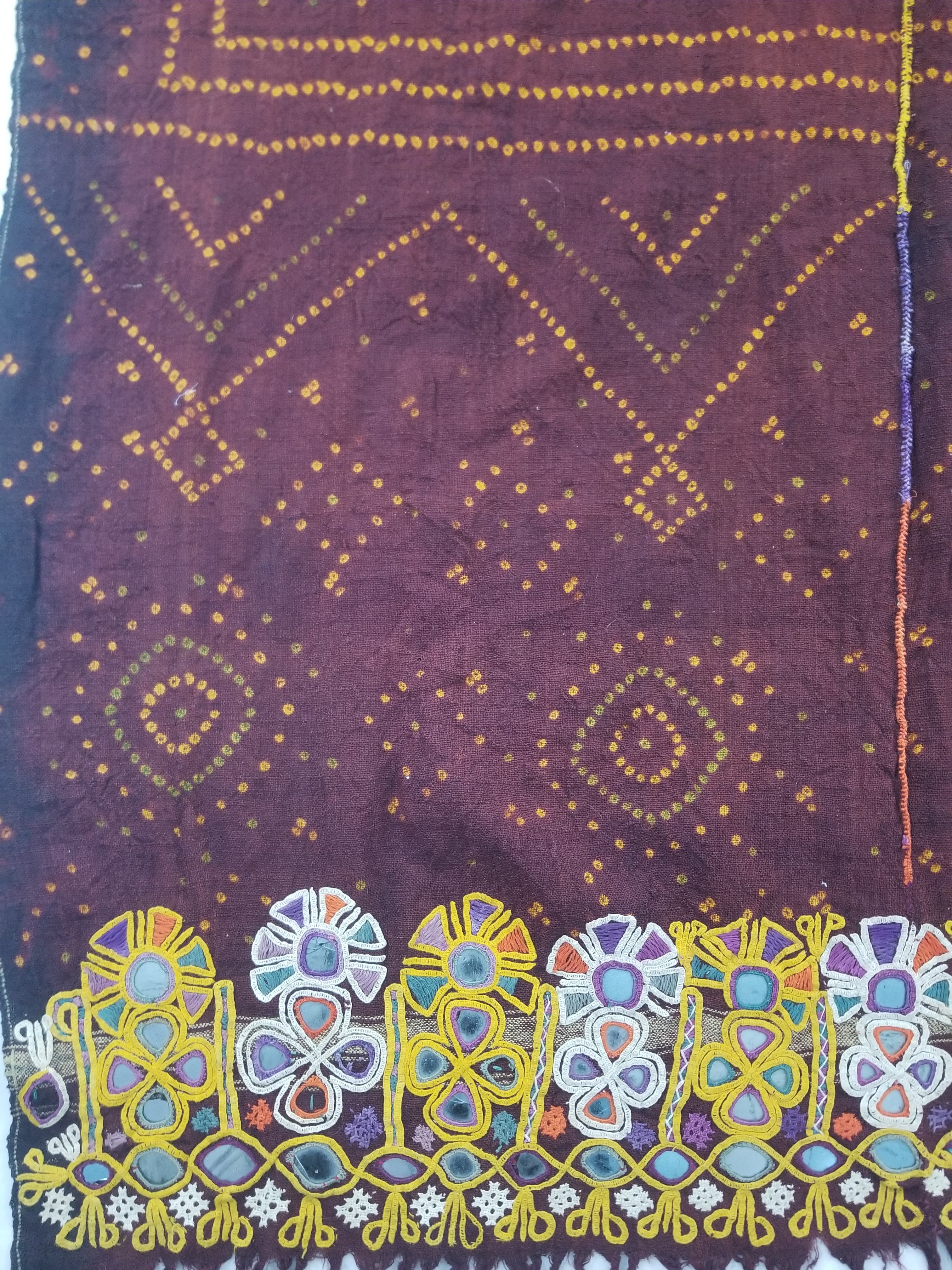 Vintage Traditional Indian Rabari Hand Embroidered Mirror Work Shawl 270x113cm