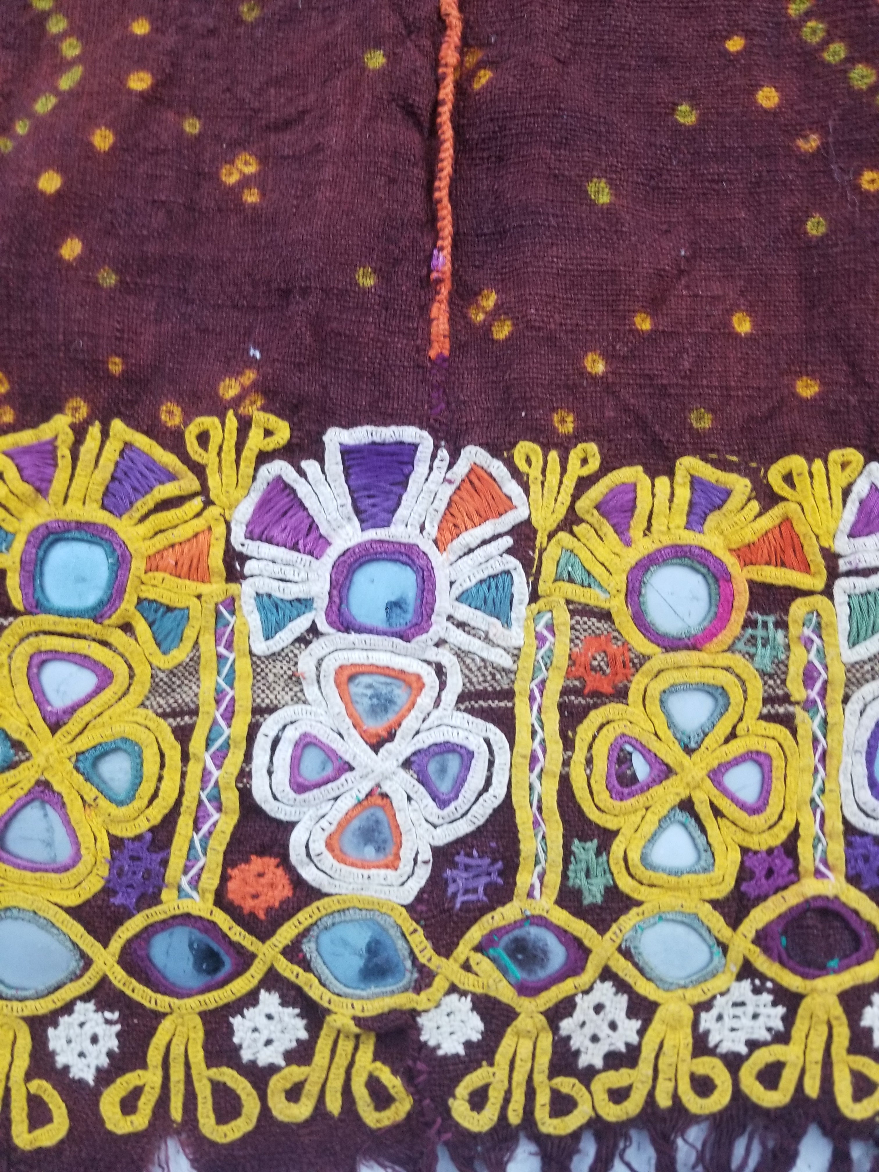 Vintage Traditional Indian Rabari Hand Embroidered Mirror Work Shawl 270x113cm