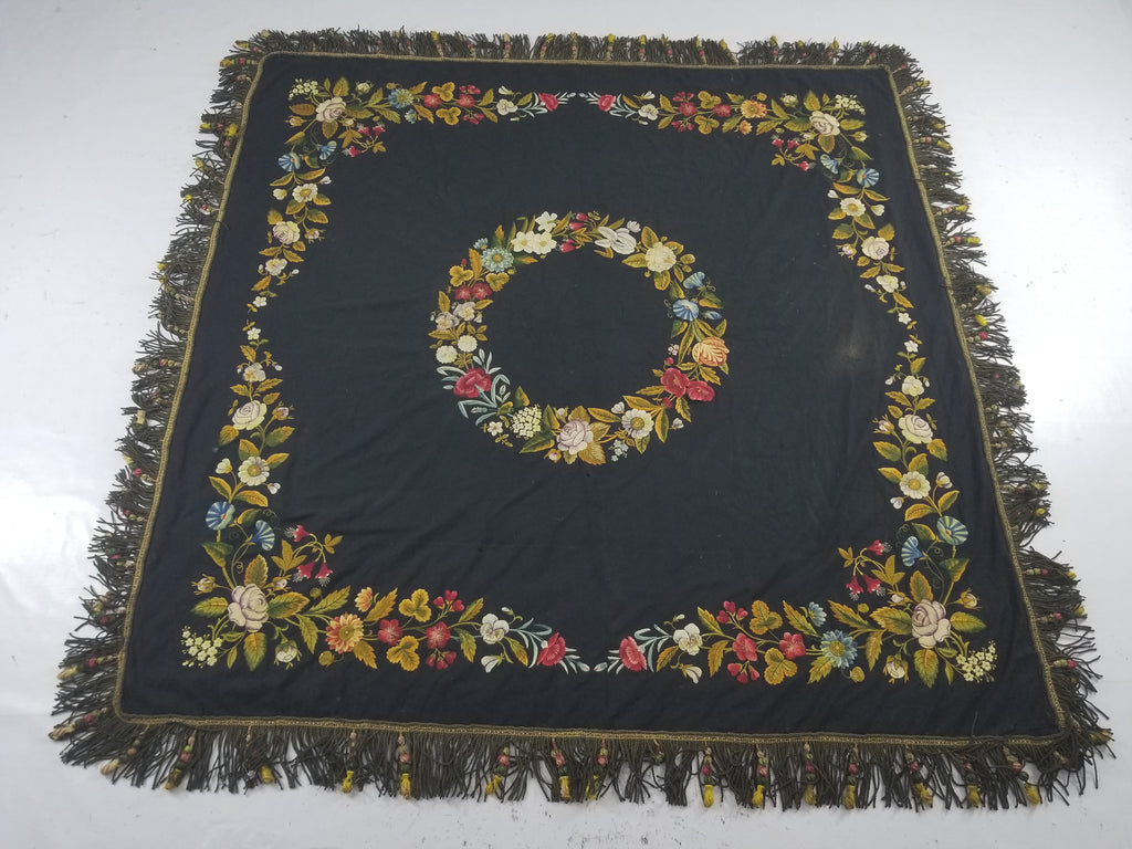 Antique French European Hand Embroidered Floral Tablecloth 168x160cm
