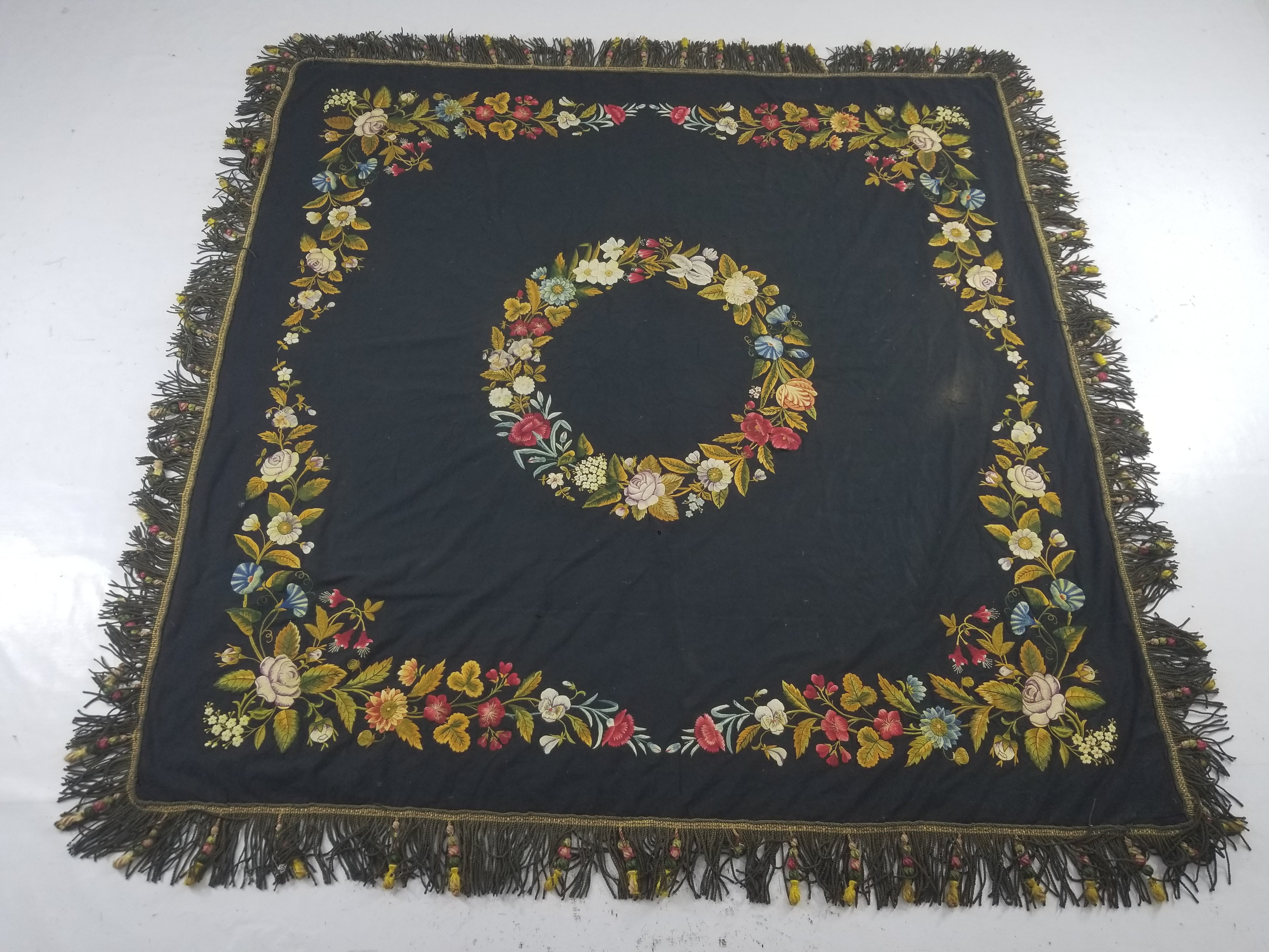 Antique French European Hand Embroidered Floral Tablecloth 168x160cm