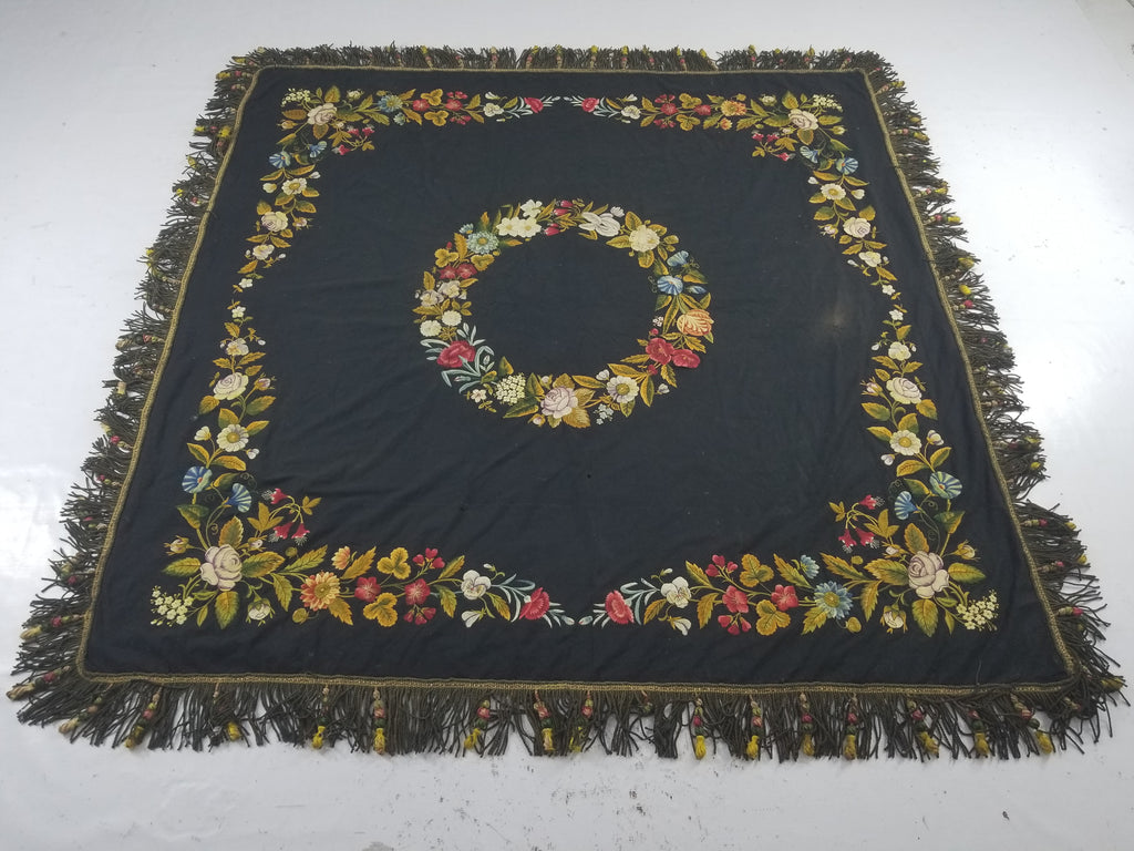 Antique French European Hand Embroidered Floral Tablecloth 168x160cm