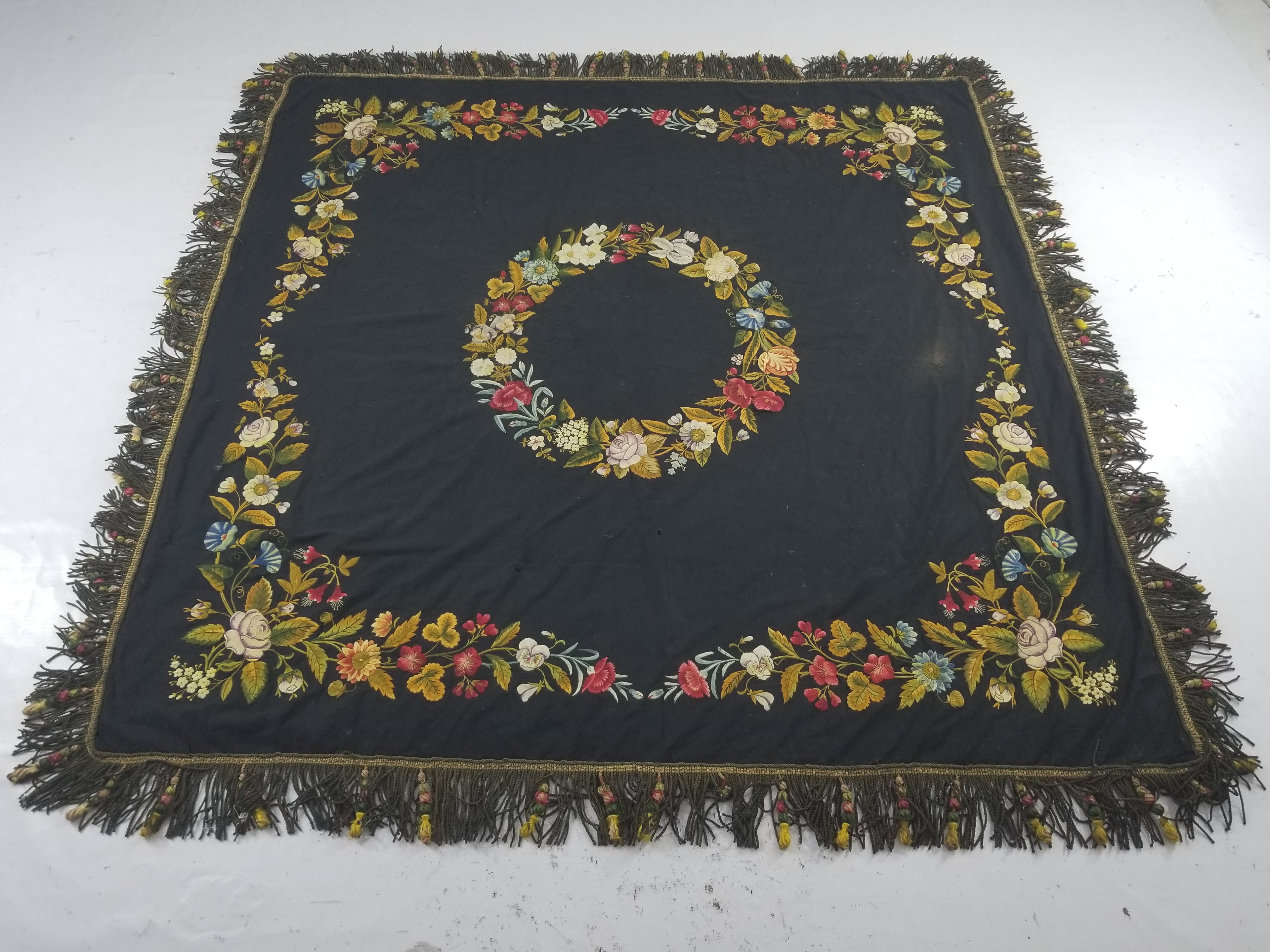 Antique French European Hand Embroidered Floral Tablecloth 168x160cm