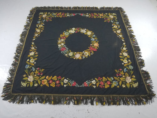 Antique French European Hand Embroidered Floral Tablecloth 168x160cm