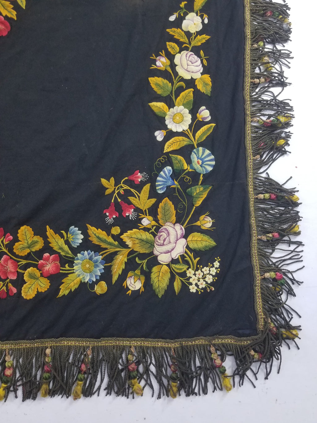 Antique French European Hand Embroidered Floral Tablecloth 168x160cm