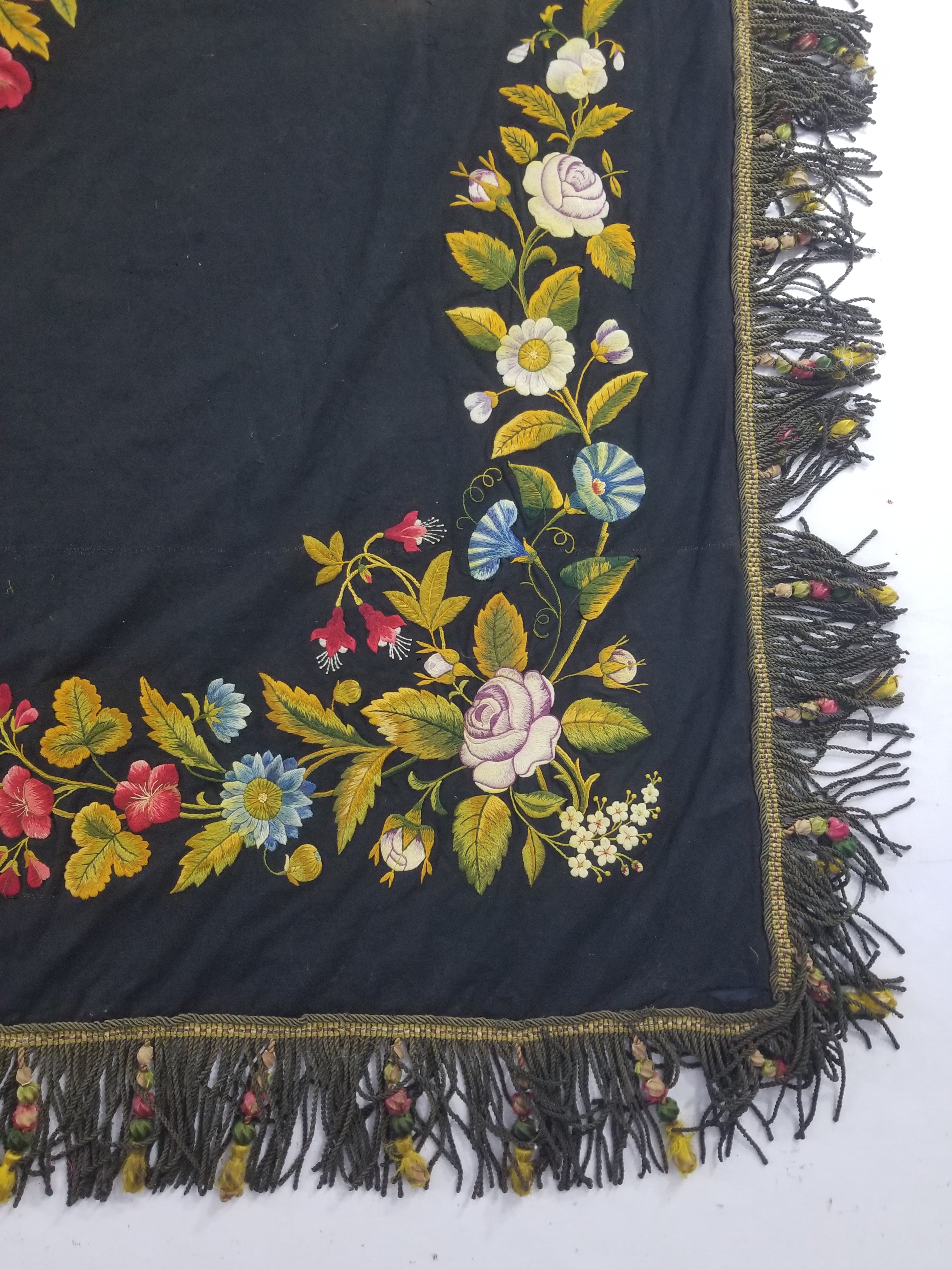 Antique French European Hand Embroidered Floral Tablecloth 168x160cm