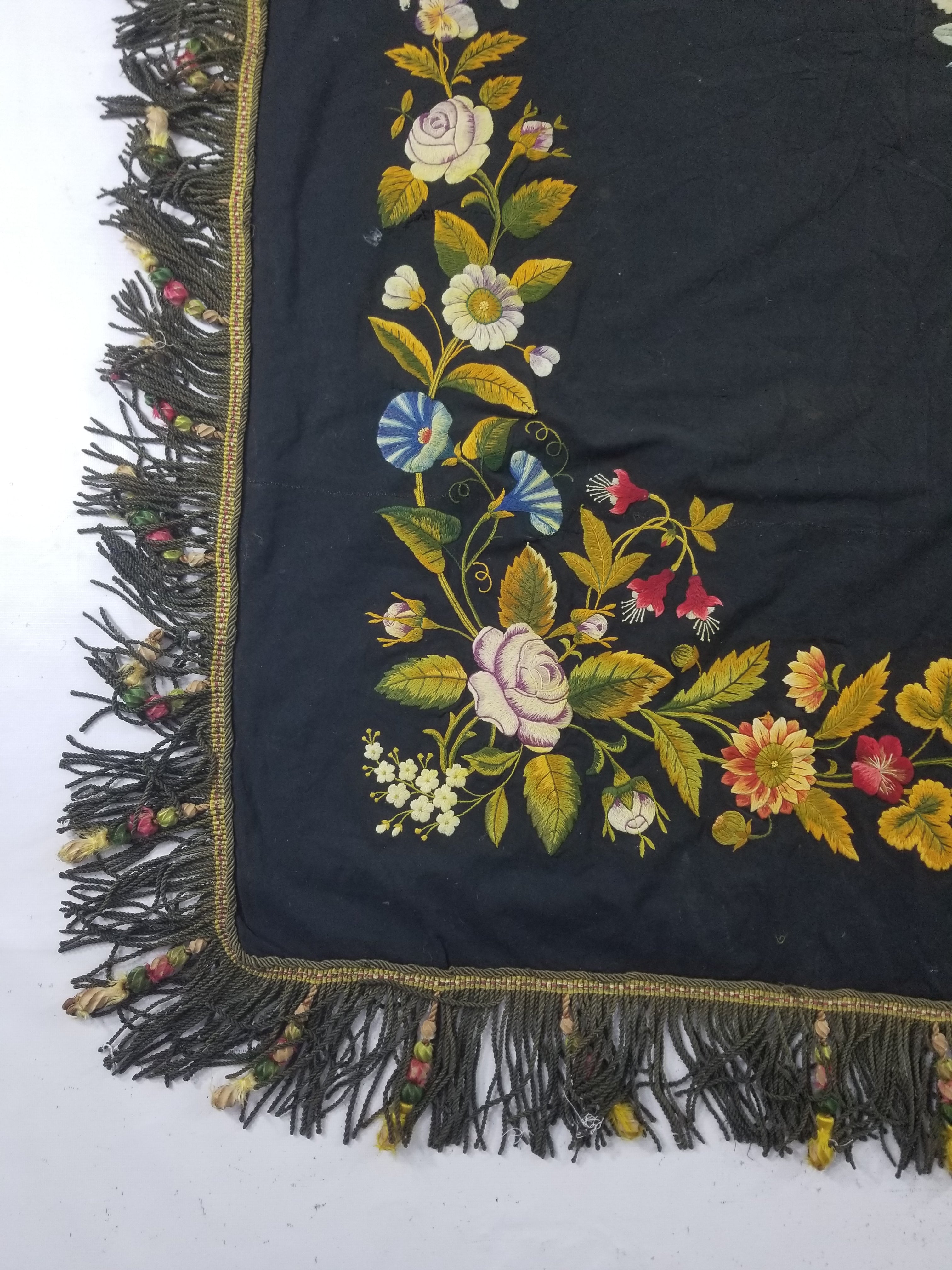 Antique French European Hand Embroidered Floral Tablecloth 168x160cm