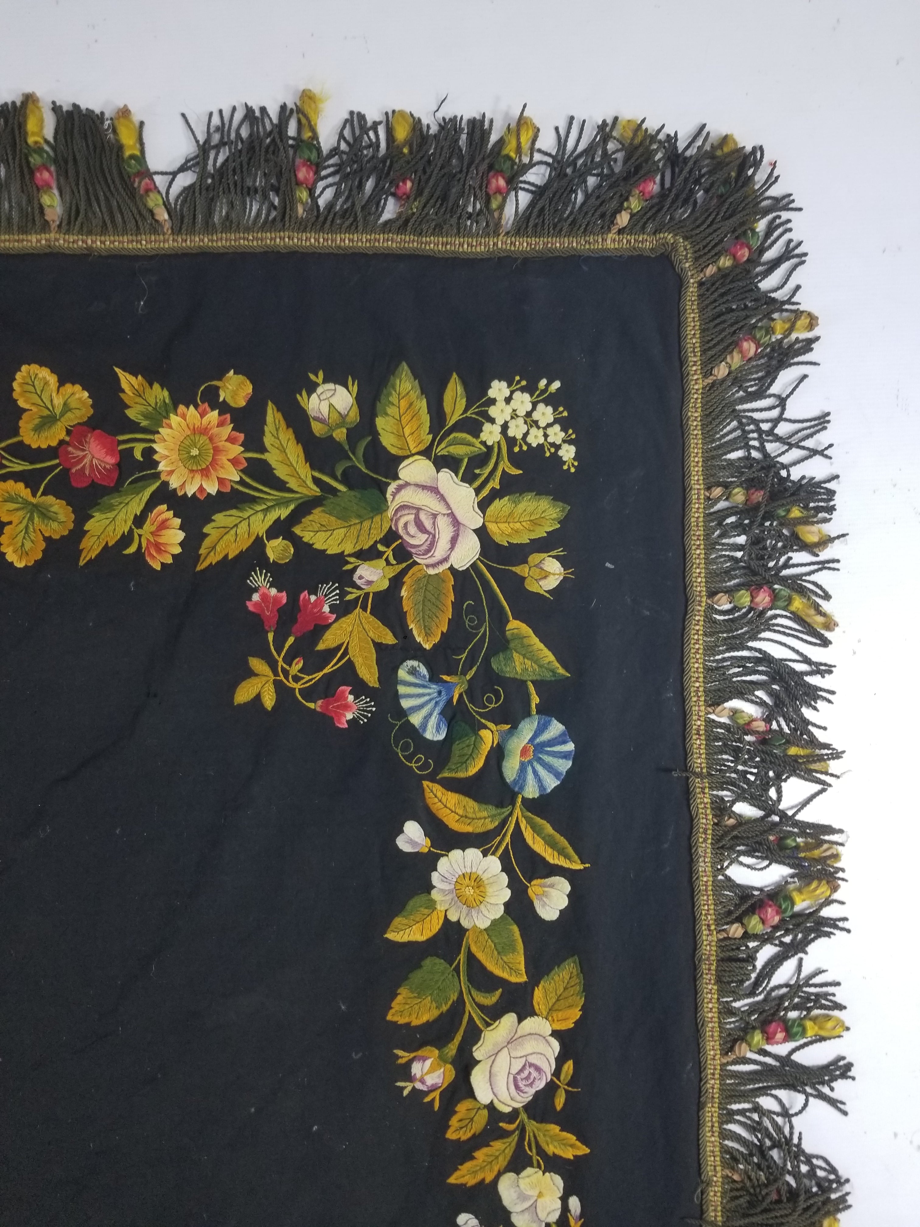 Antique French European Hand Embroidered Floral Tablecloth 168x160cm