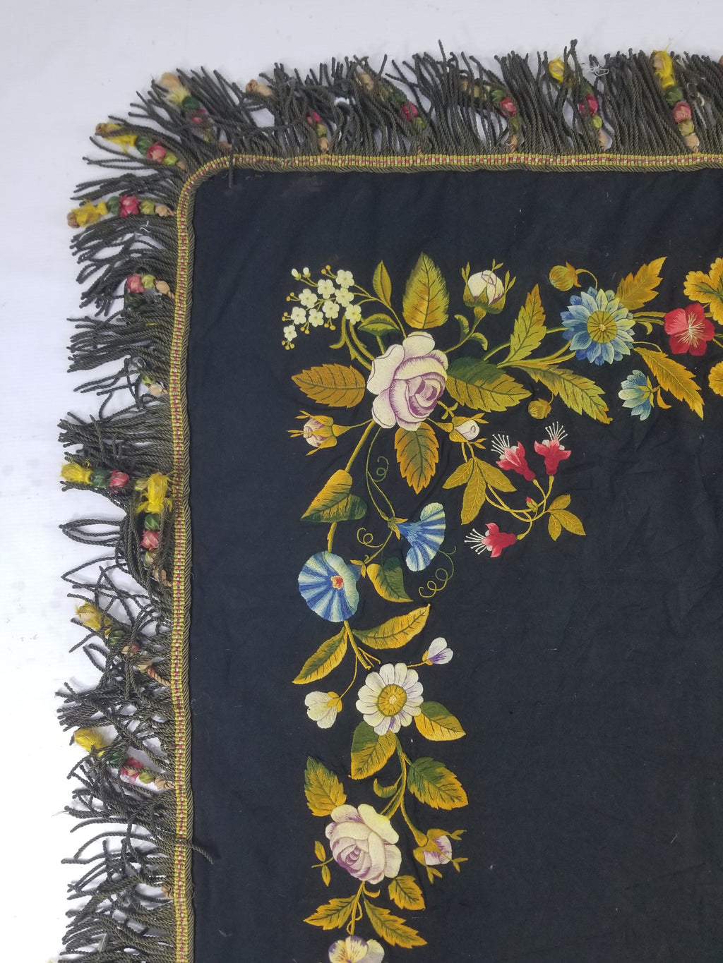 Antique French European Hand Embroidered Floral Tablecloth 168x160cm