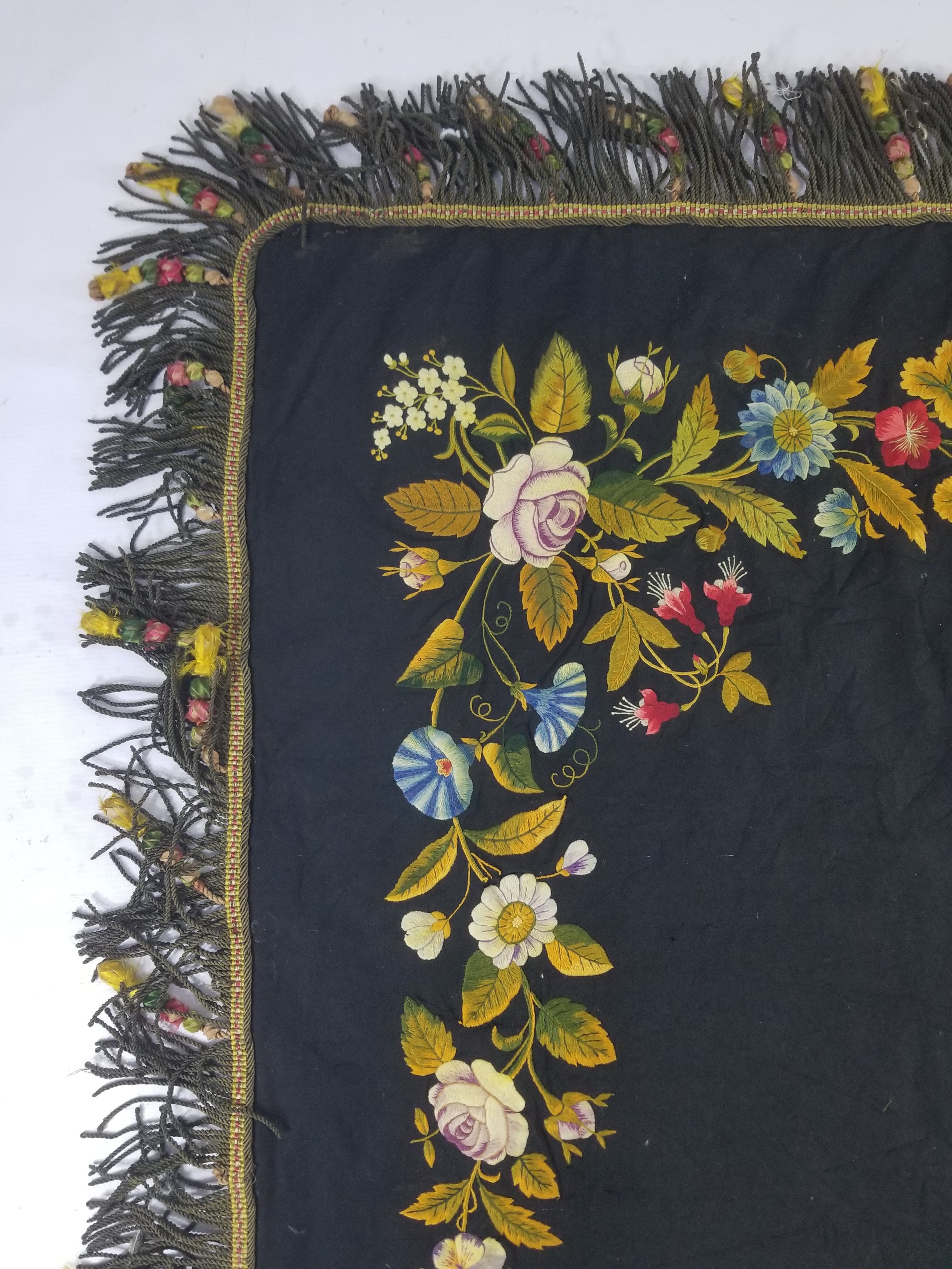 Antique French European Hand Embroidered Floral Tablecloth 168x160cm