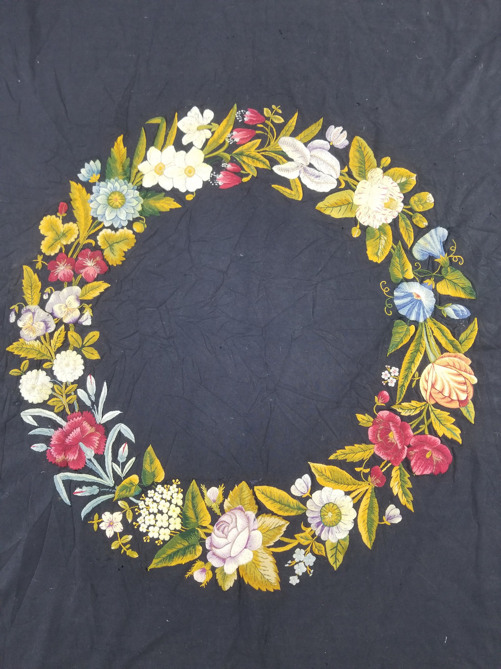 Antique French European Hand Embroidered Floral Tablecloth 168x160cm