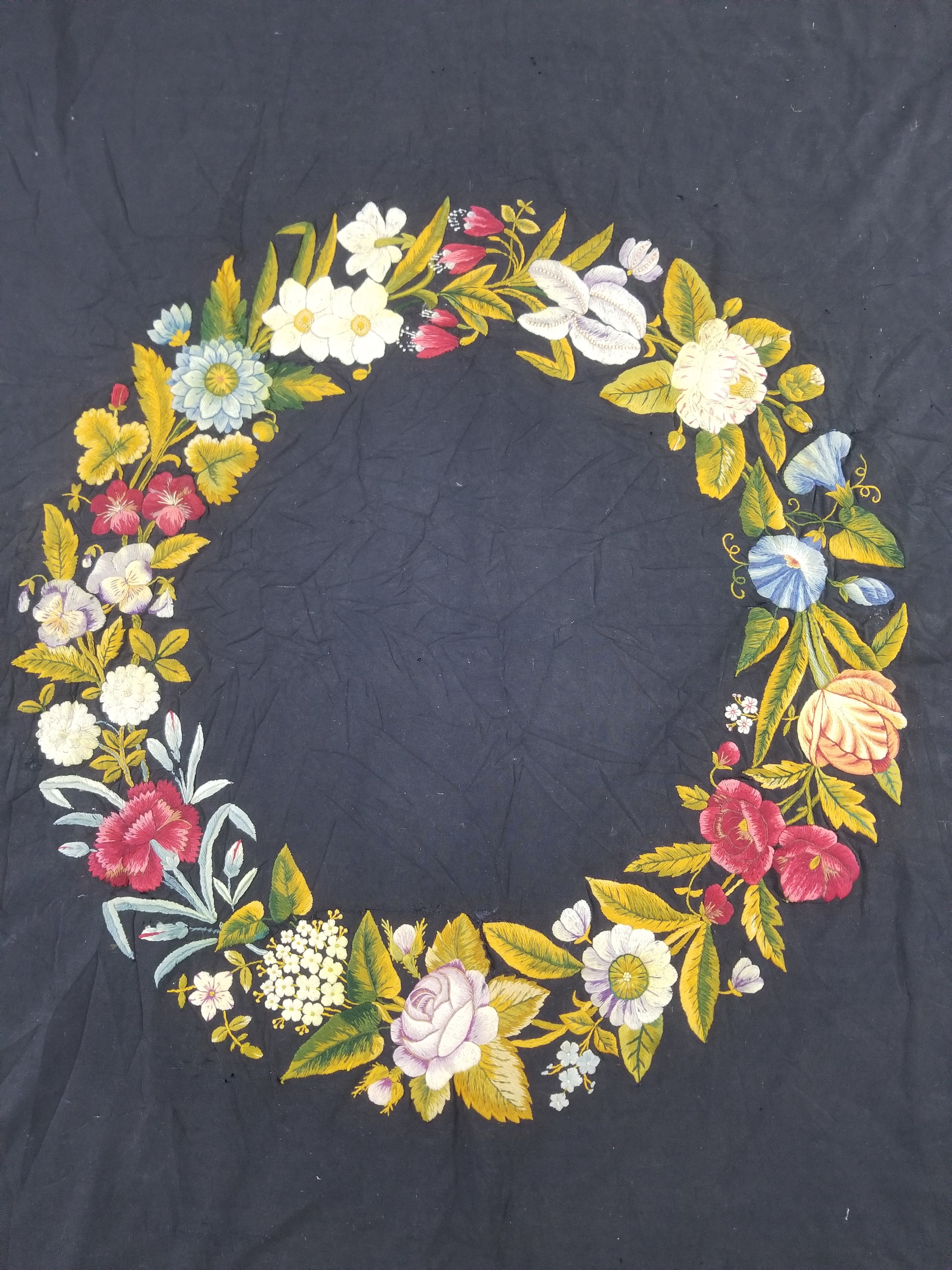 Antique French European Hand Embroidered Floral Tablecloth 168x160cm