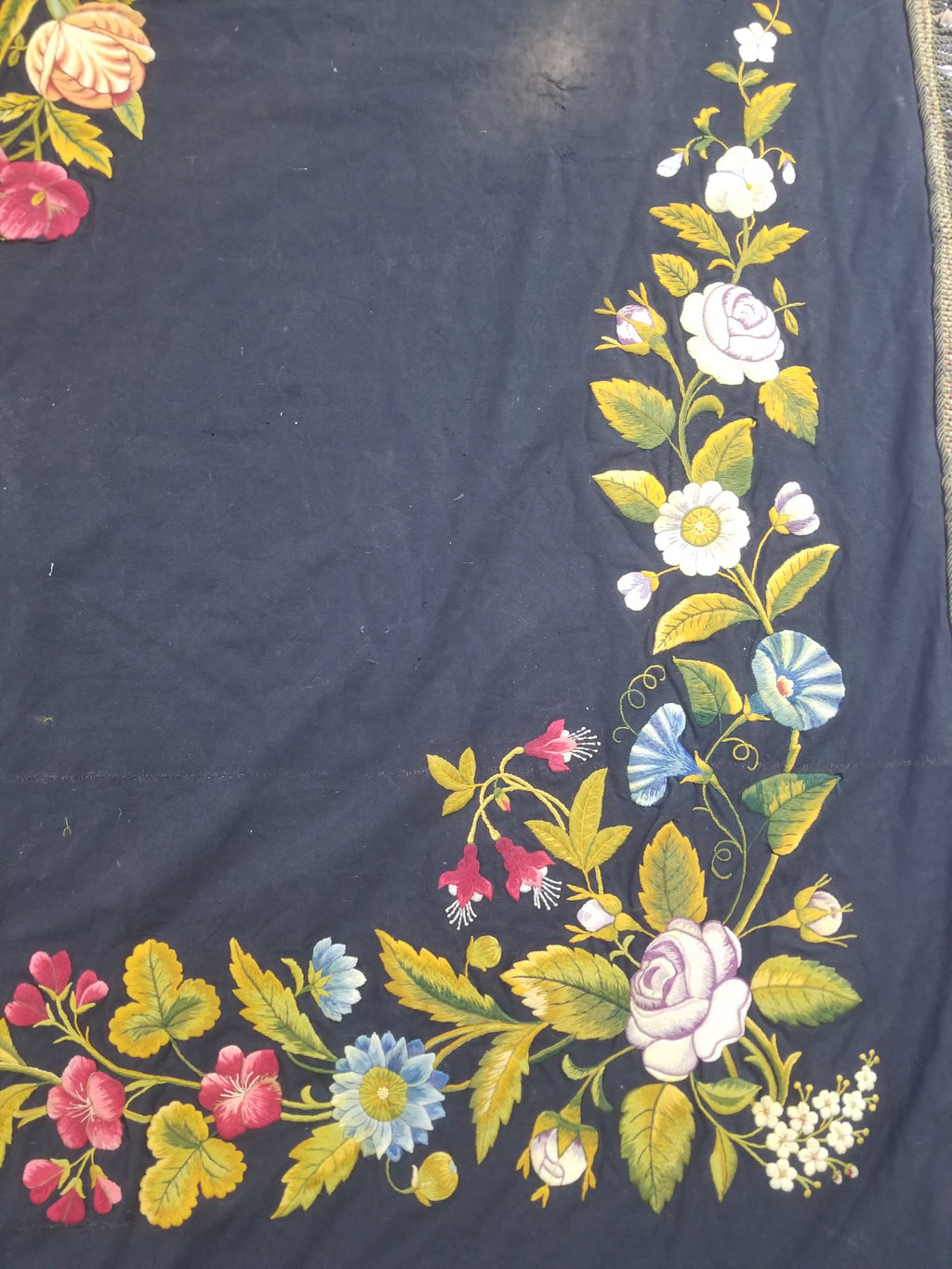 Antique French European Hand Embroidered Floral Tablecloth 168x160cm