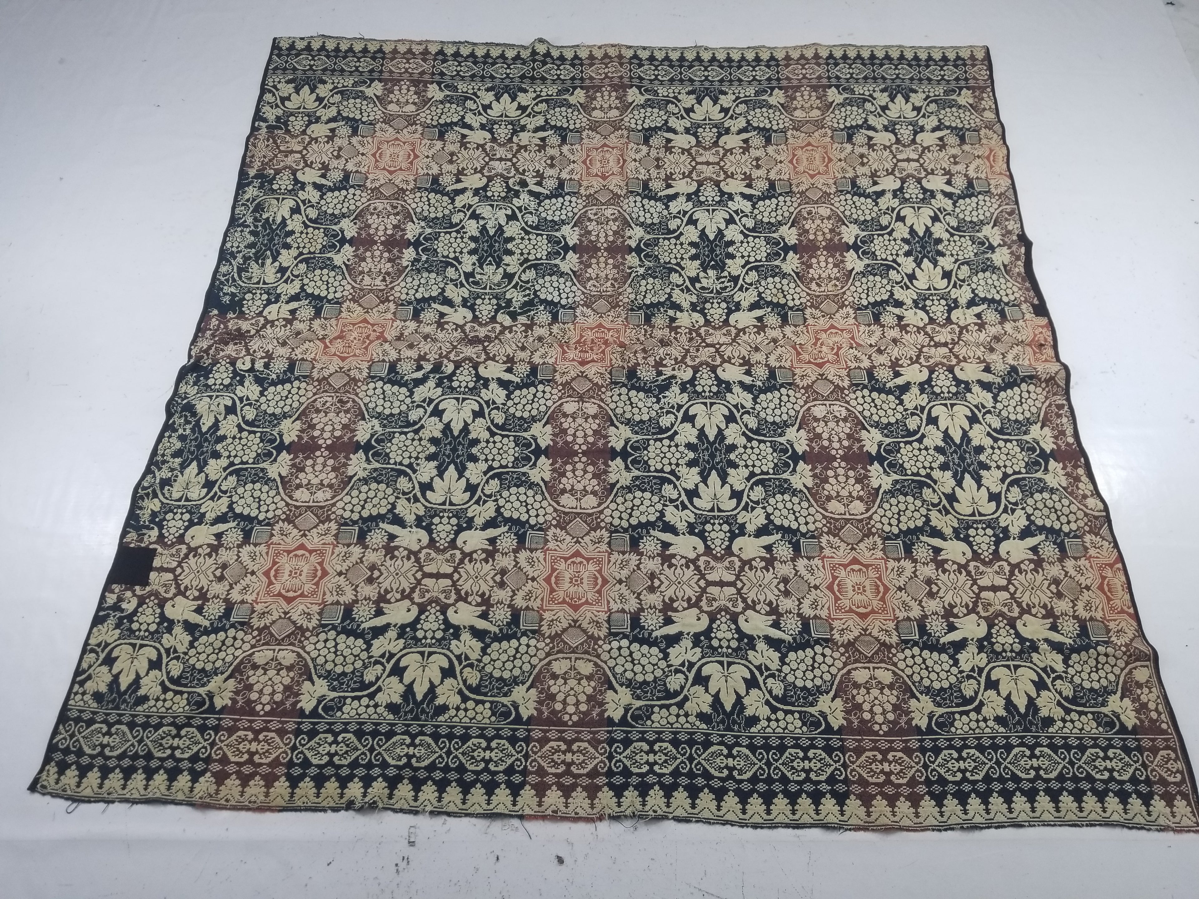 Antique 1841 American Jacquard Woven Reversible Coverlet 187x187cm