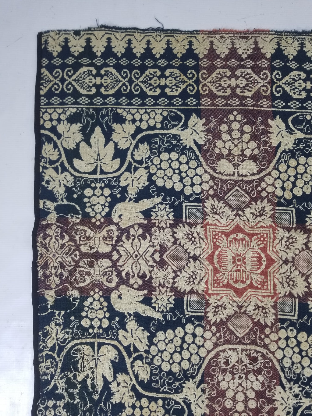 Antique 1841 American Jacquard Woven Reversible Coverlet 187x187cm