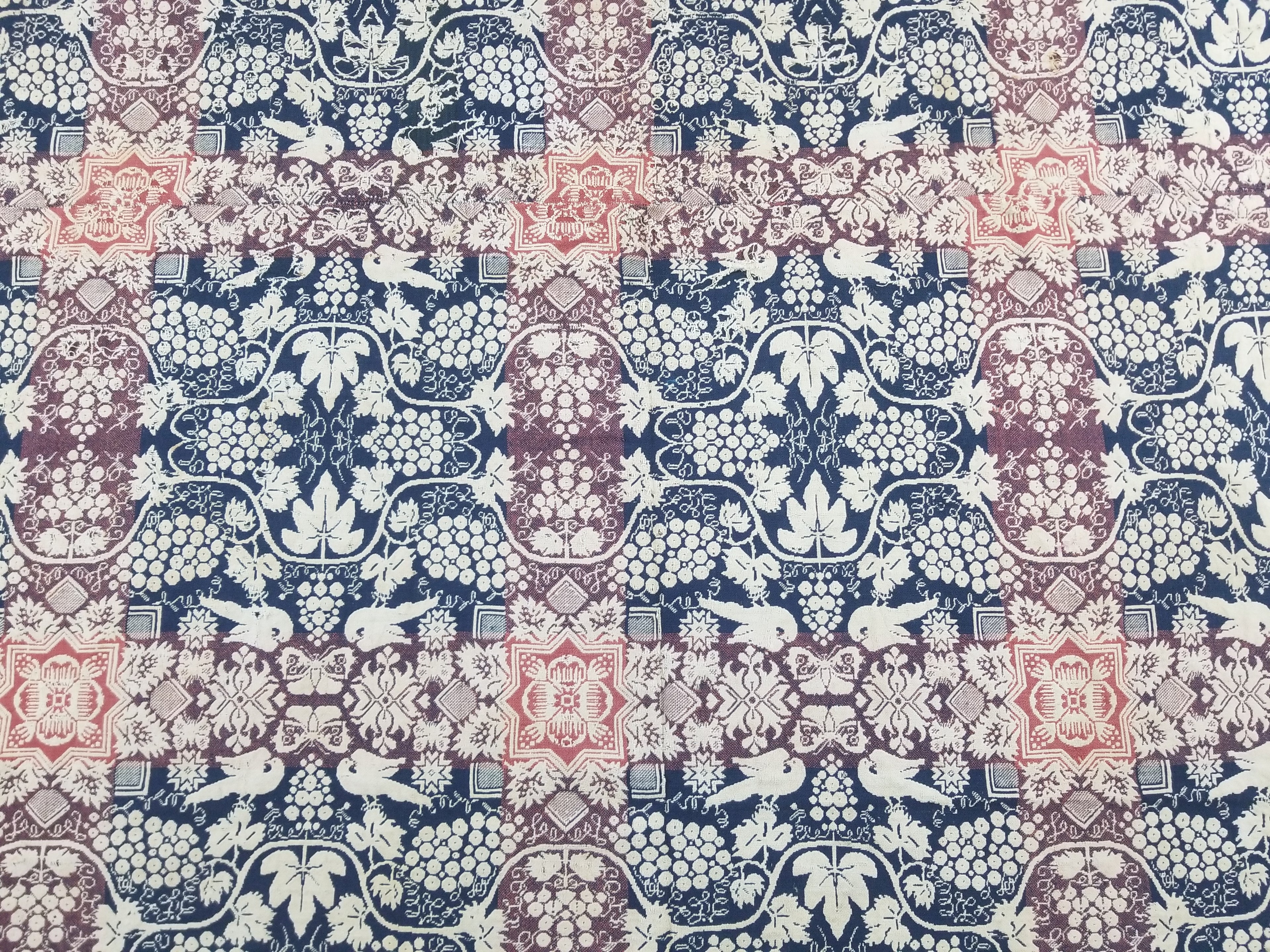 Antique 1841 American Jacquard Woven Reversible Coverlet 187x187cm