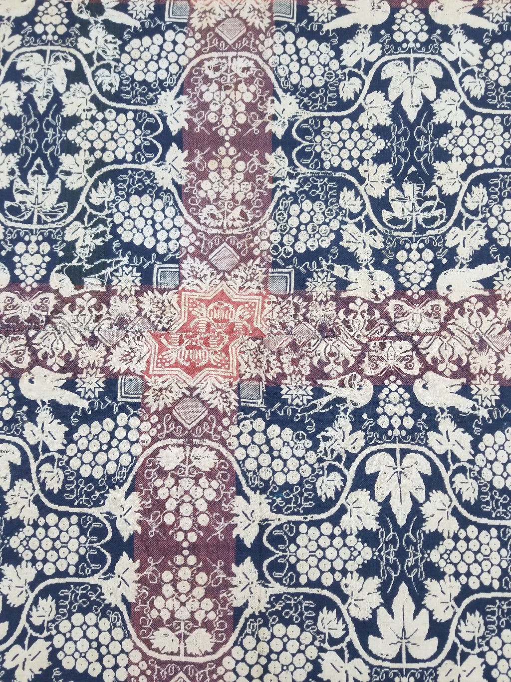 Antique 1841 American Jacquard Woven Reversible Coverlet 187x187cm