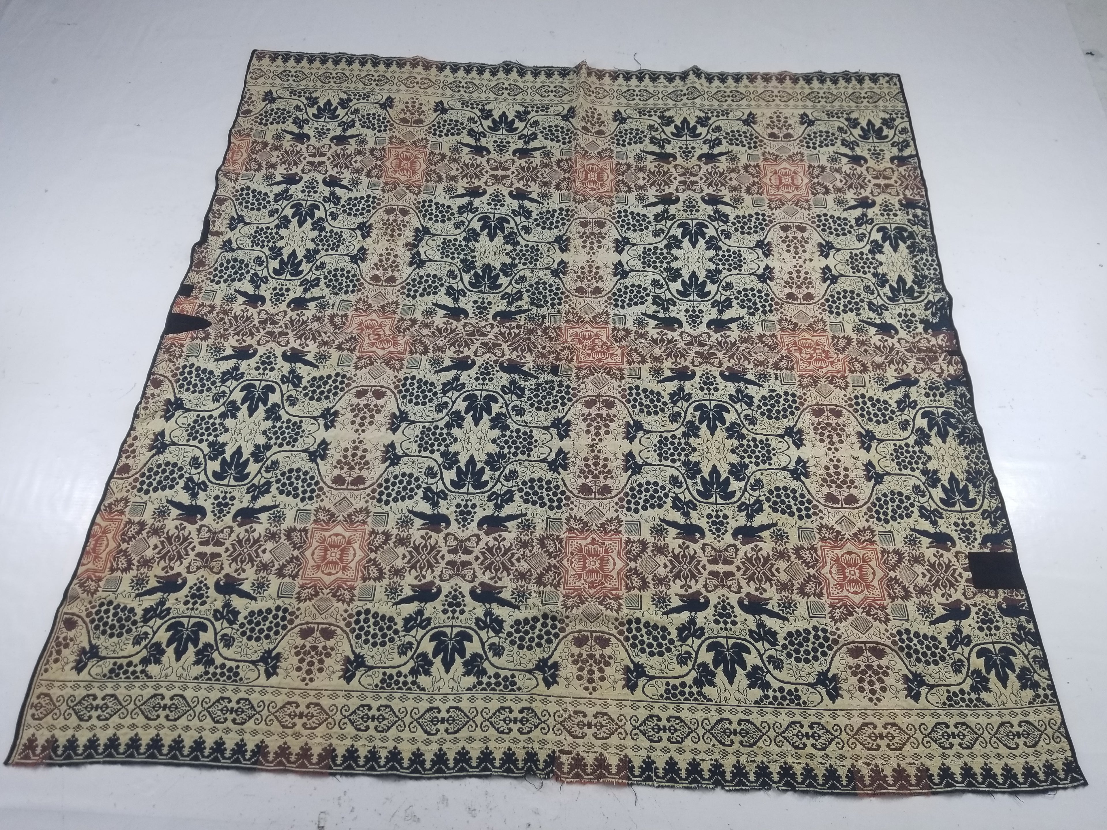 Antique 1841 American Jacquard Woven Reversible Coverlet 187x187cm