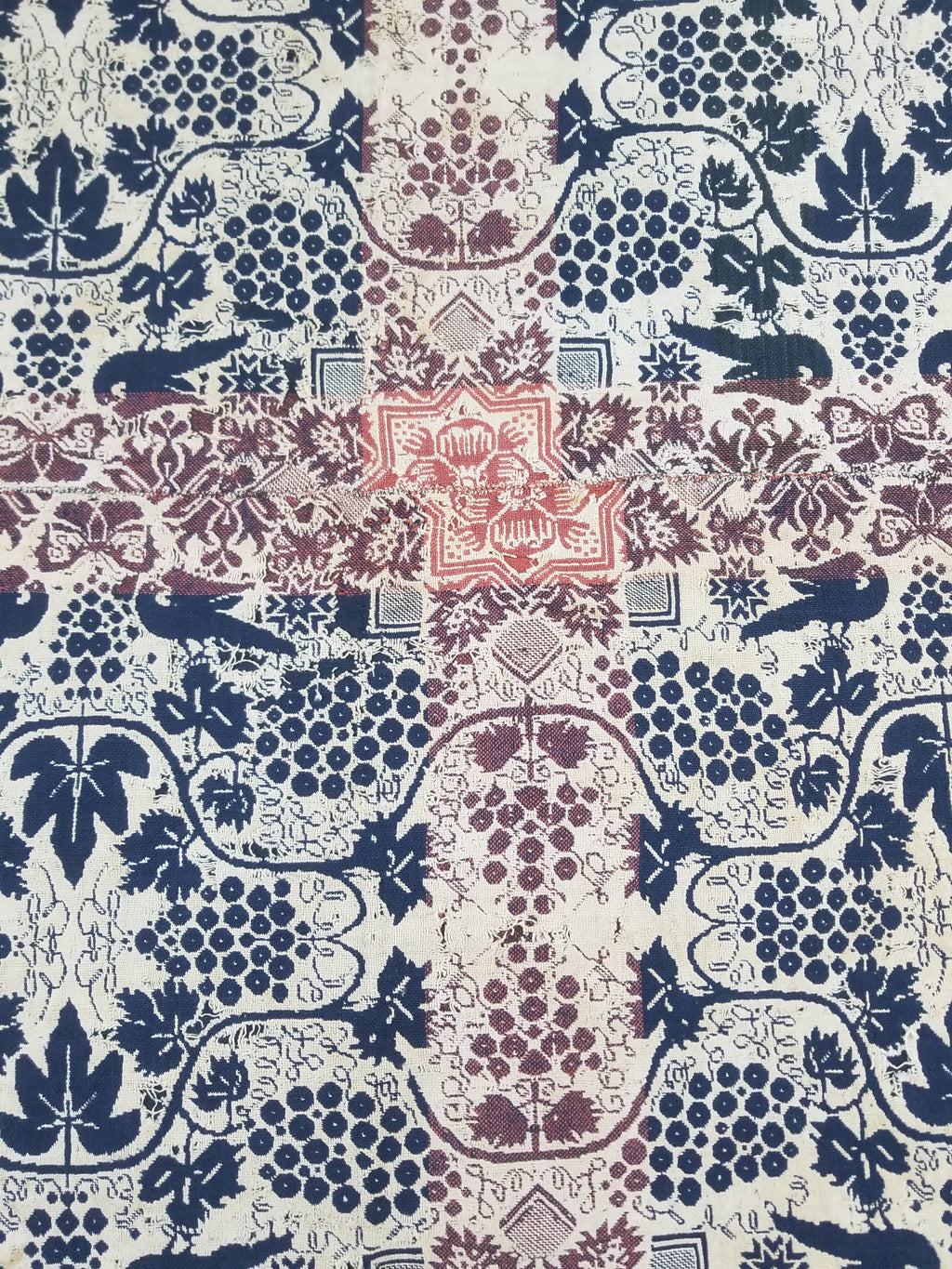 Antique 1841 American Jacquard Woven Reversible Coverlet 187x187cm