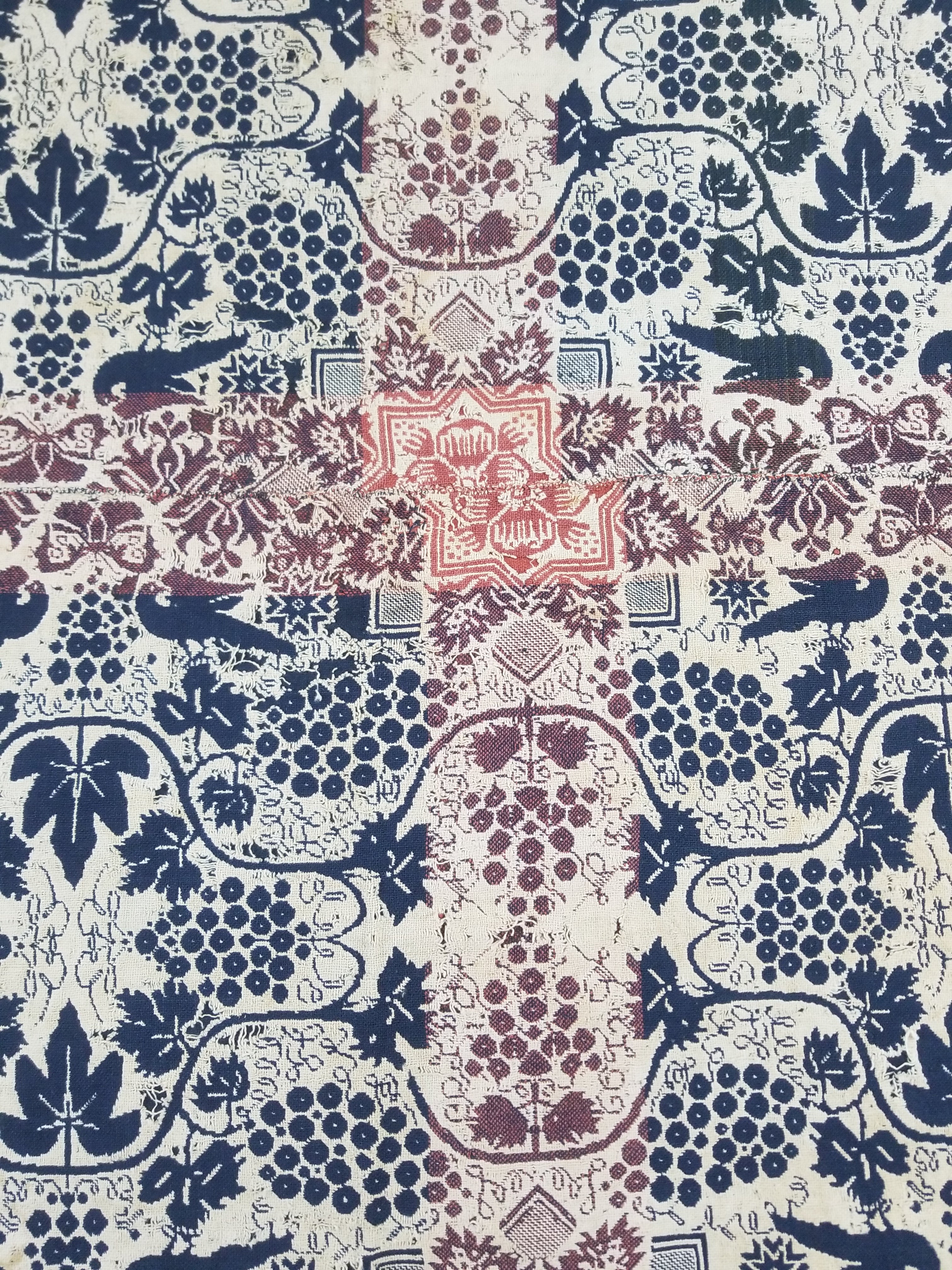 Antique 1841 American Jacquard Woven Reversible Coverlet 187x187cm