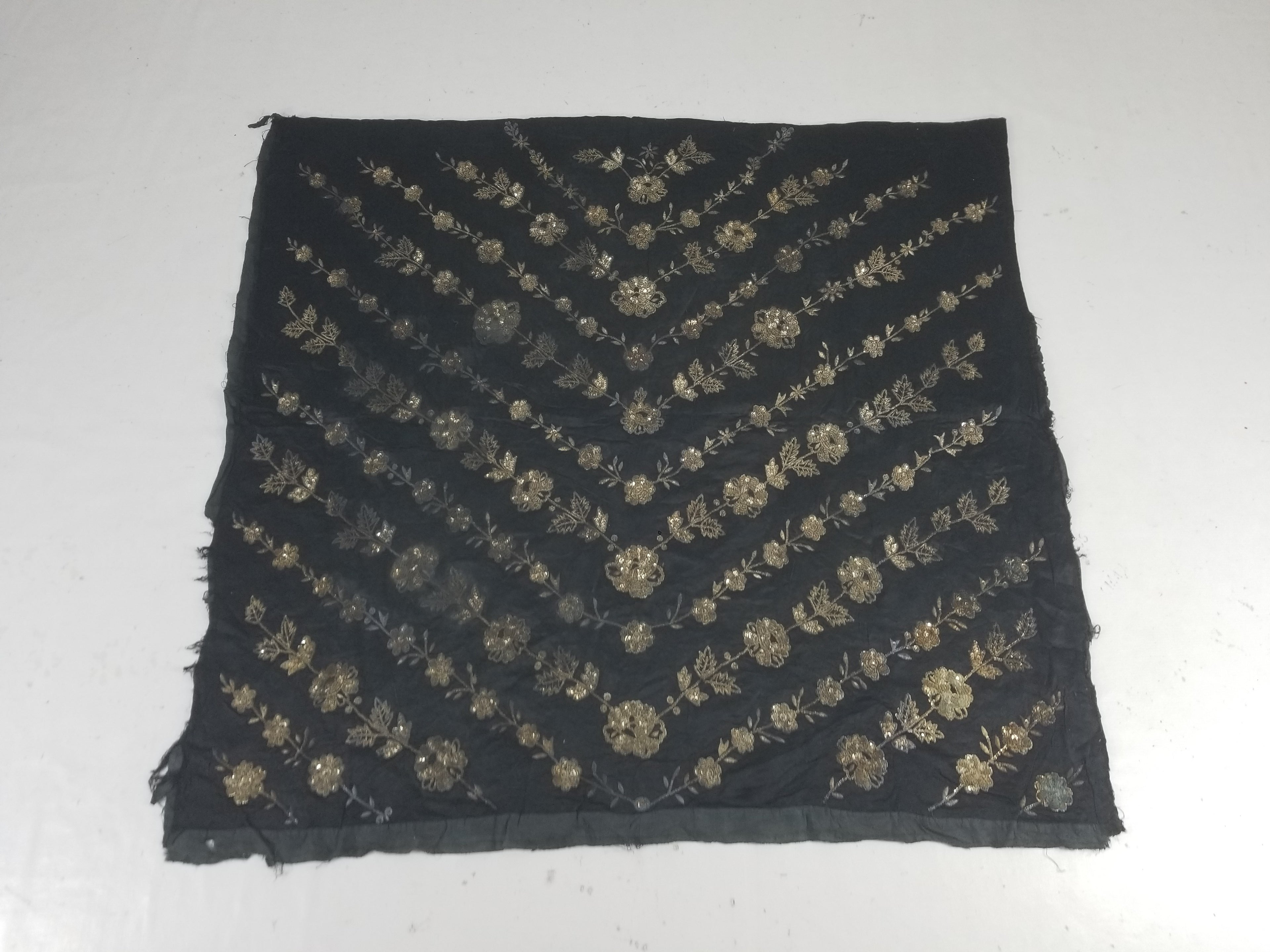 Antique European Metallic Embroidered Floral Textile 121x115cm