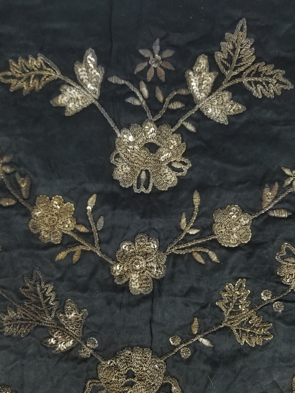 Antique European Metallic Embroidered Floral Textile 121x115cm