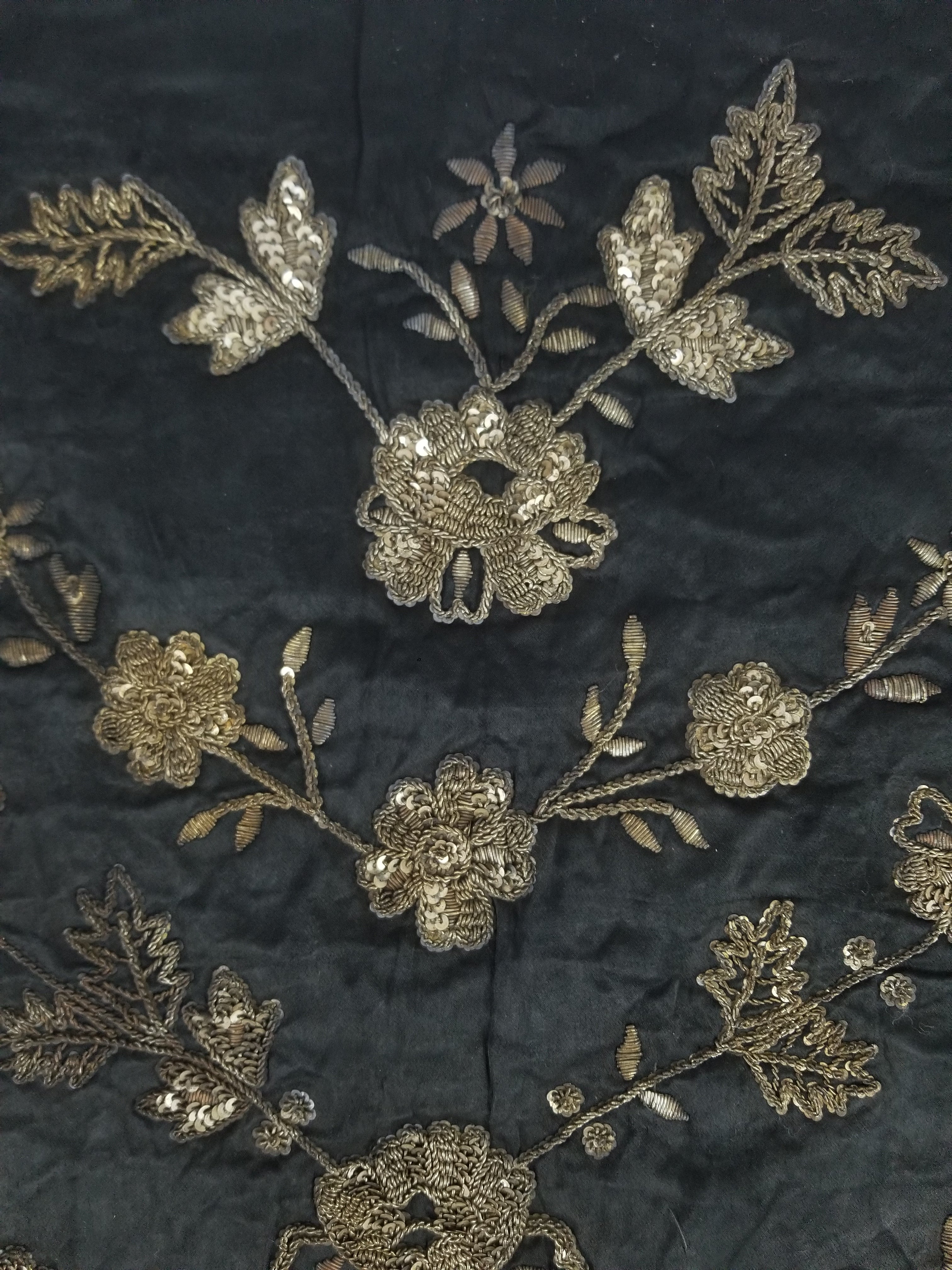 Antique European Metallic Embroidered Floral Textile 121x115cm