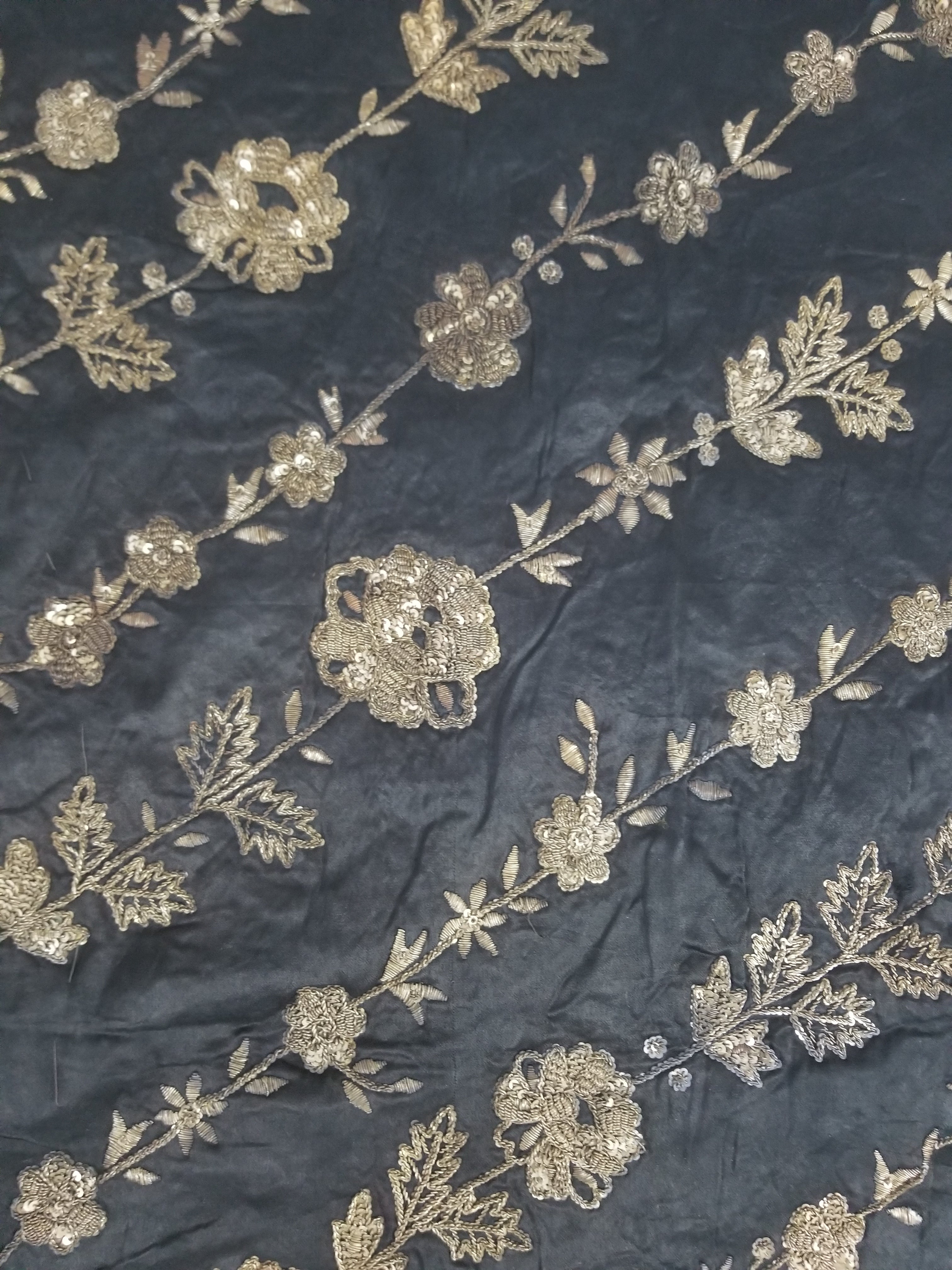 Antique European Metallic Embroidered Floral Textile 121x115cm