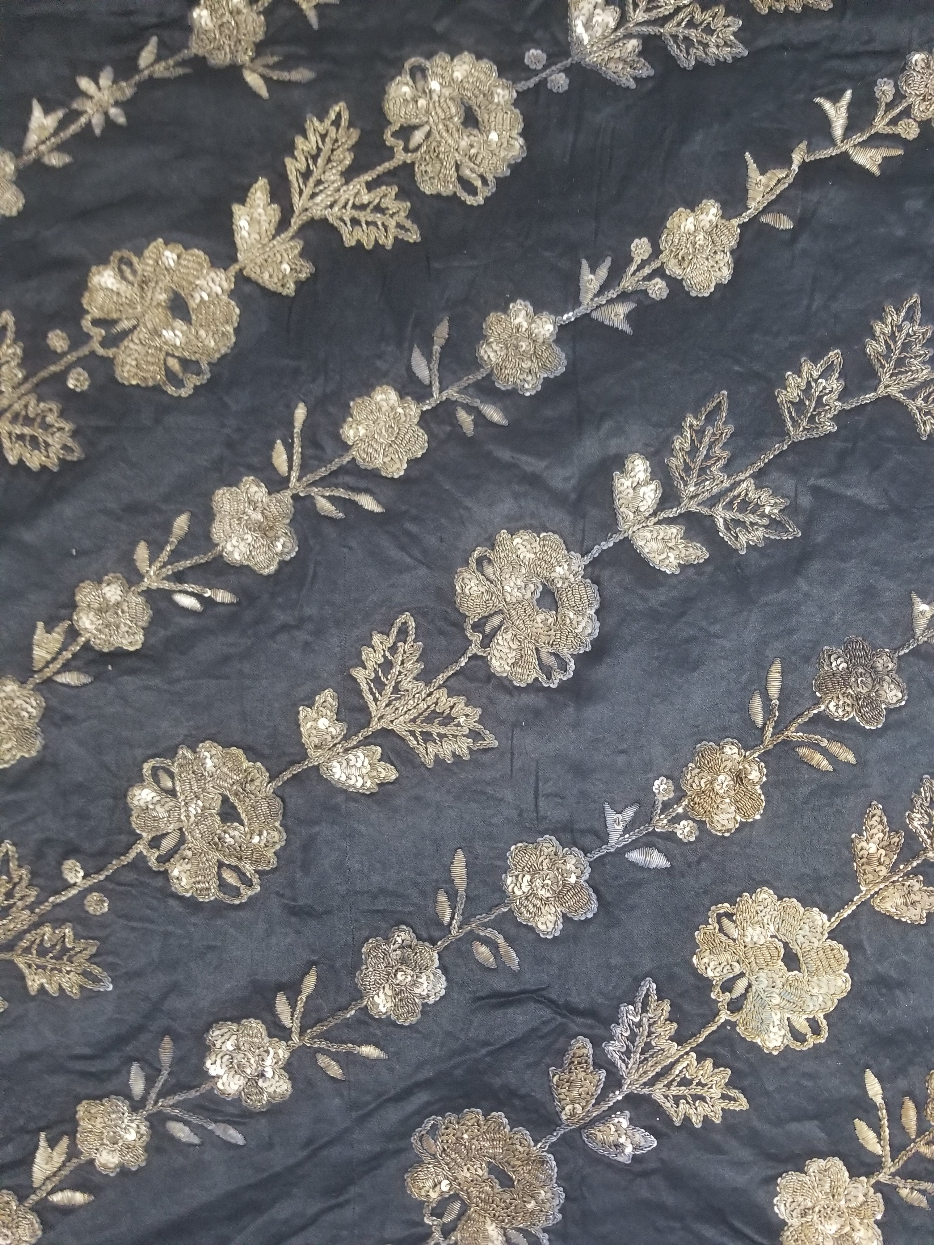 Antique European Metallic Embroidered Floral Textile 121x115cm