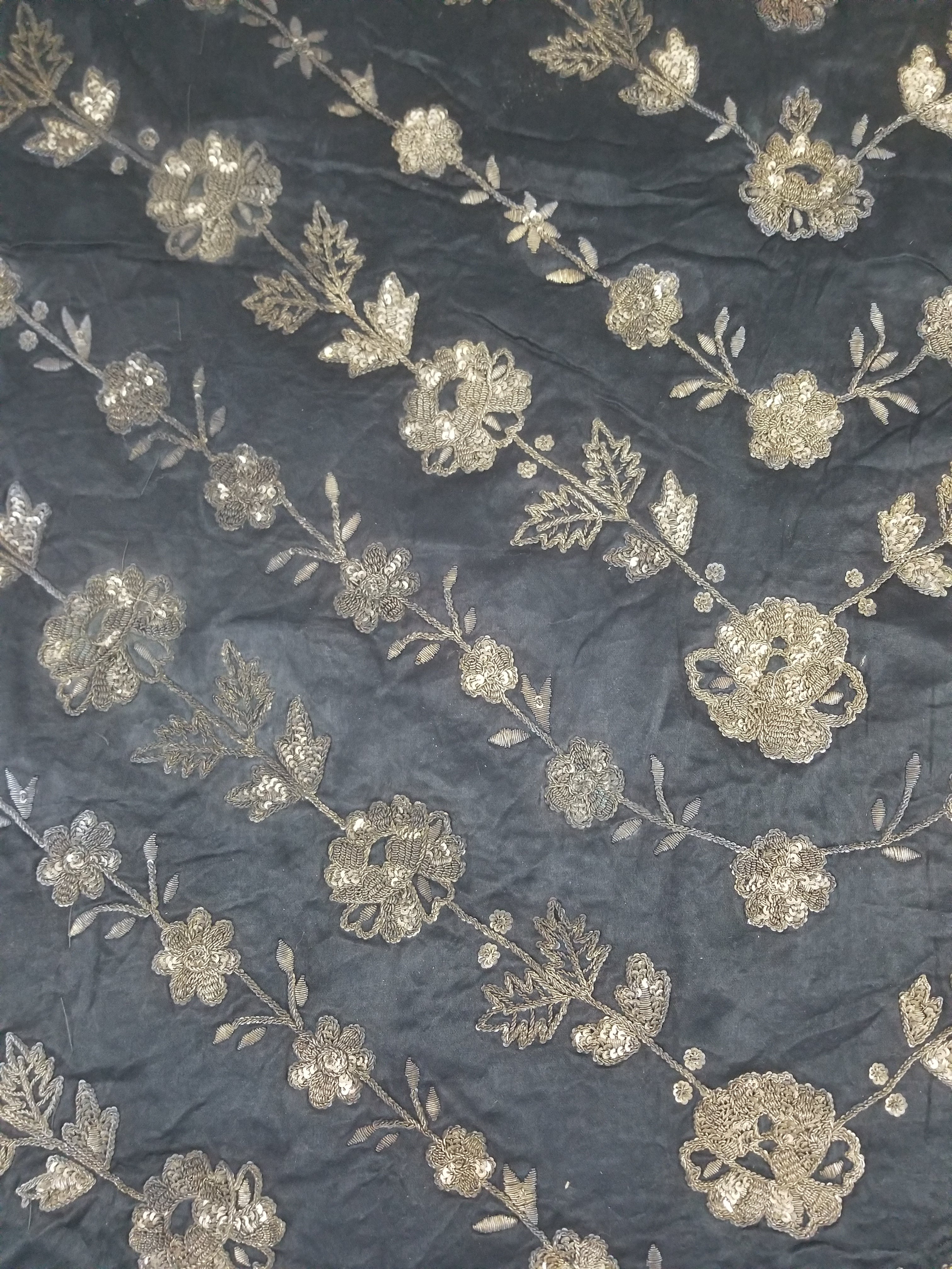 Antique European Metallic Embroidered Floral Textile 121x115cm