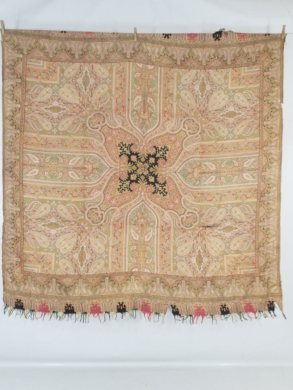Antique Traditional Indian Paisley Woven Wool Shawl 161x158cm
