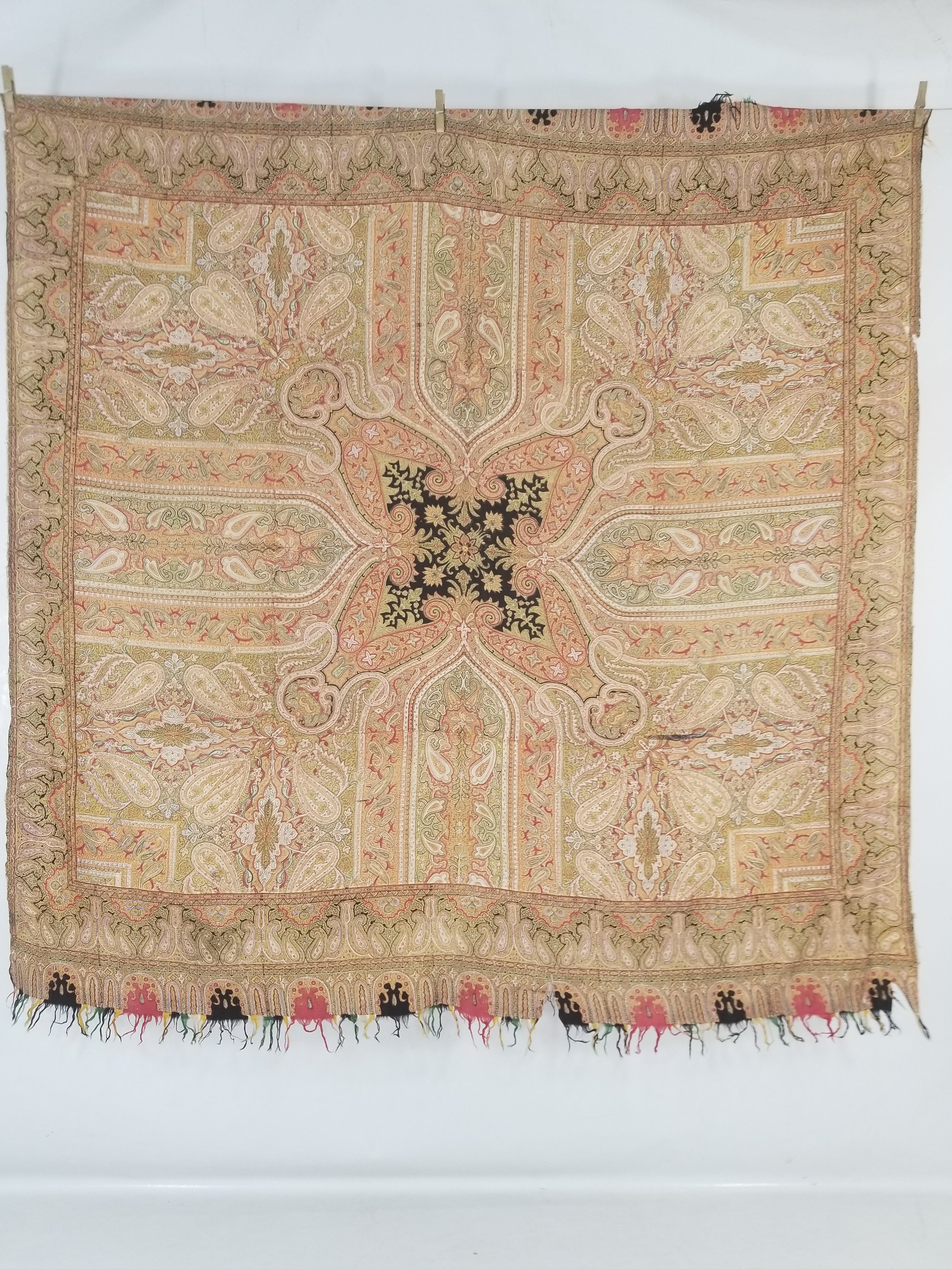 Antique Traditional Indian Paisley Woven Wool Shawl 161x158cm