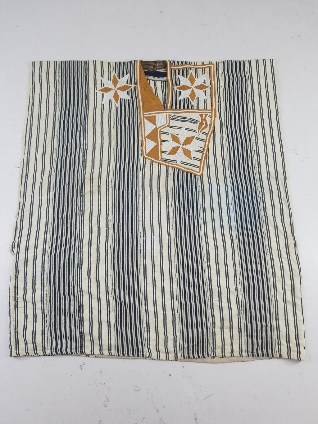 Vintage African Handwoven Indigo Stripe Star Embroidered Kaftan 228x129cm