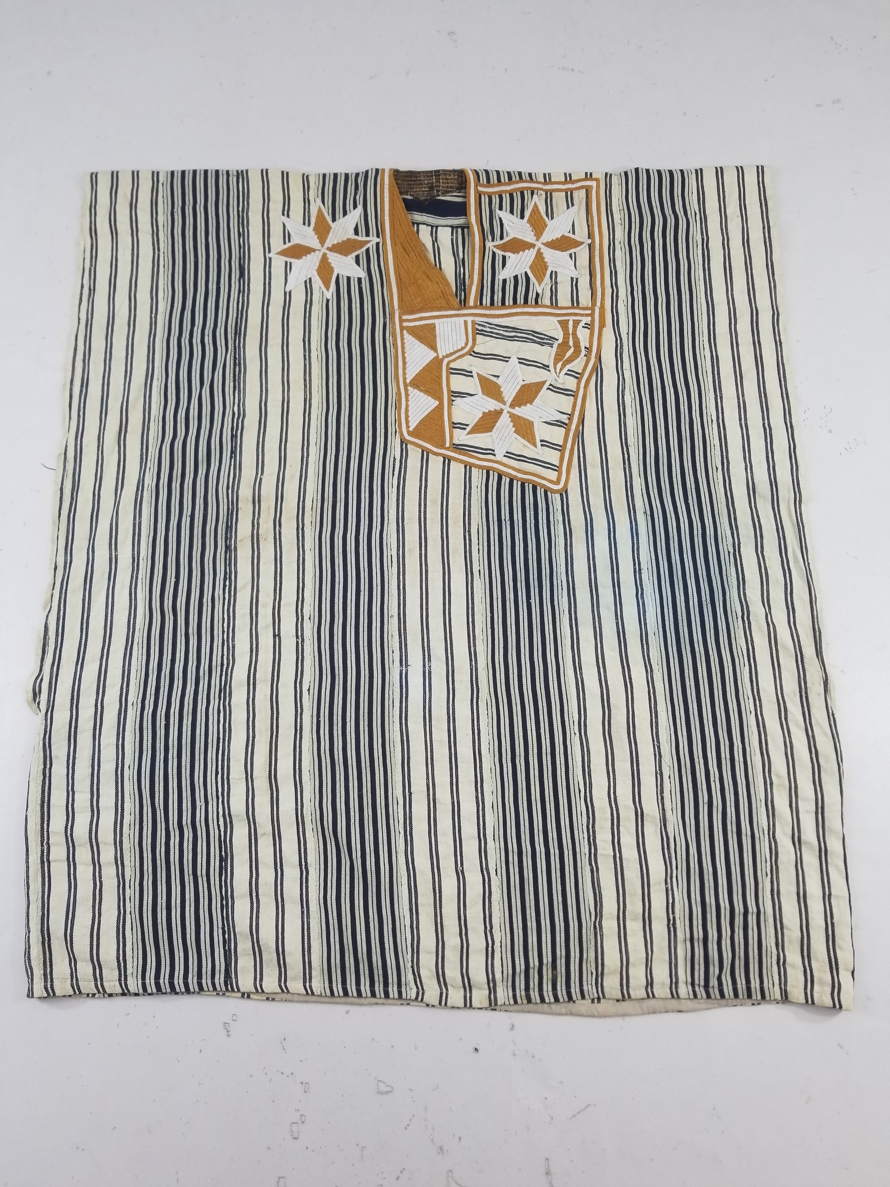 Vintage African Handwoven Indigo Stripe Star Embroidered Kaftan 228x129cm