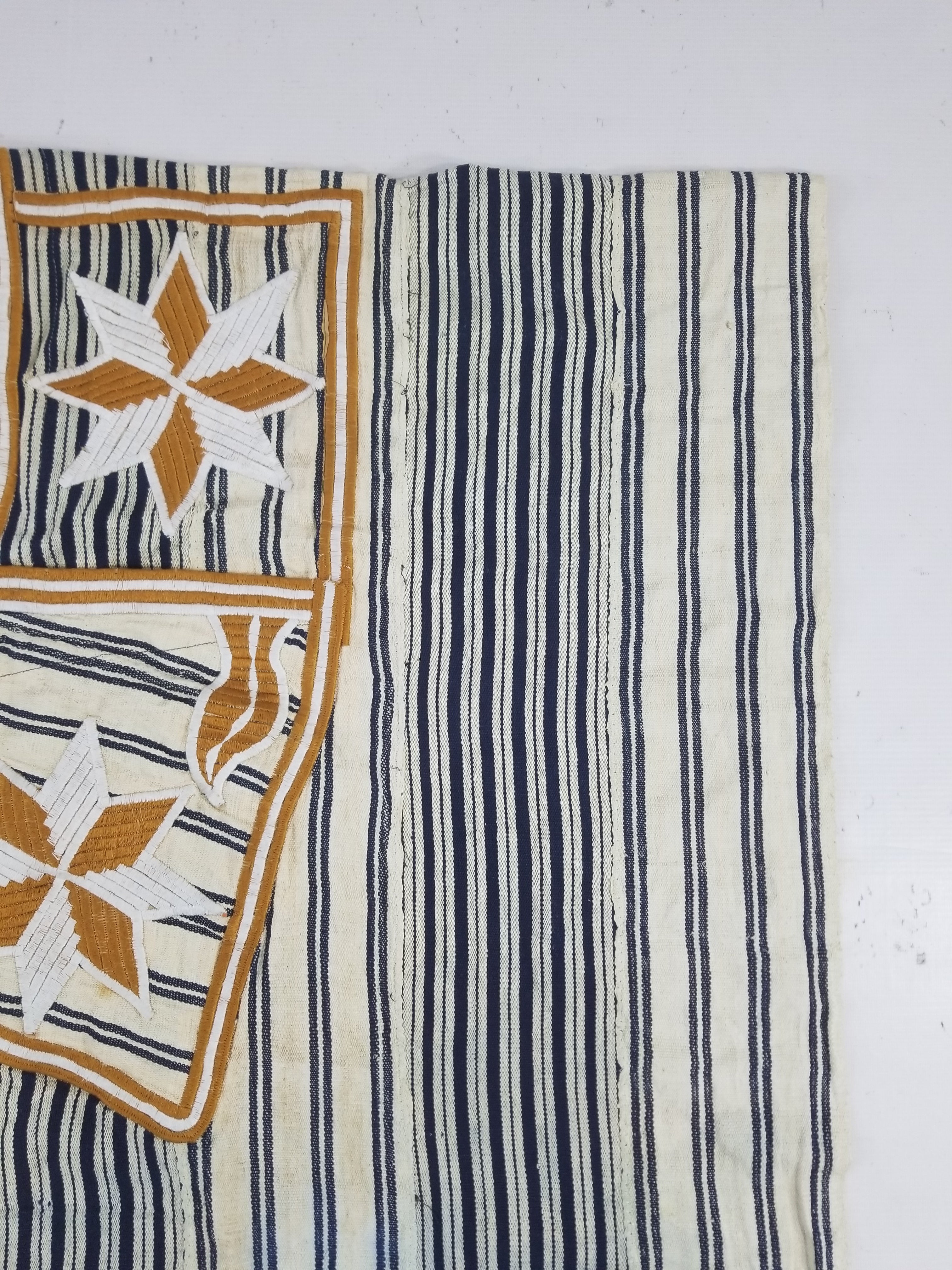 Vintage African Handwoven Indigo Stripe Star Embroidered Kaftan 228x129cm