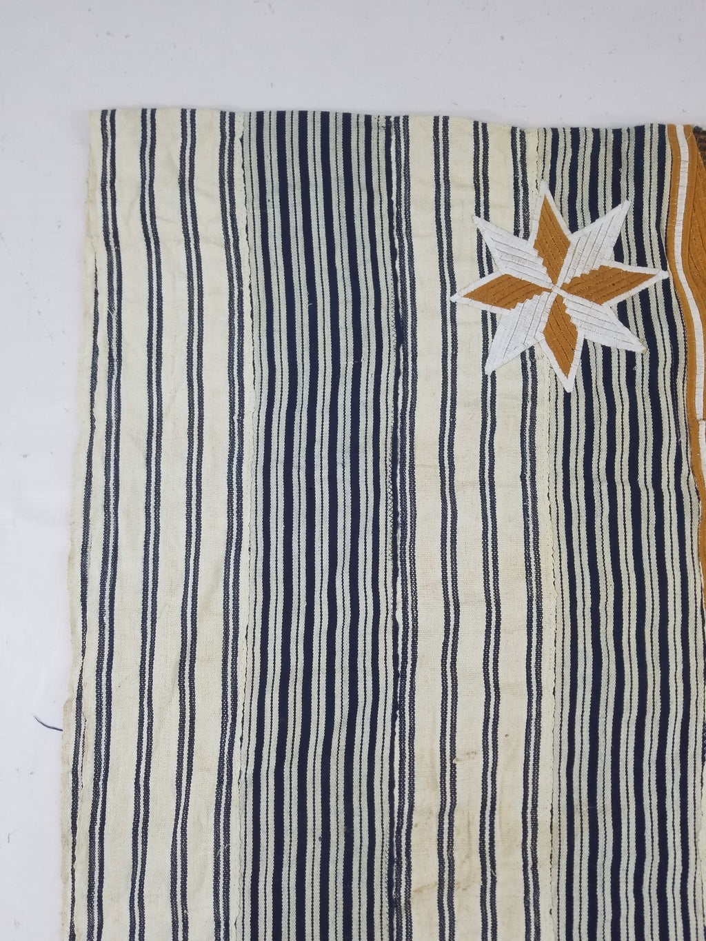 Vintage African Handwoven Indigo Stripe Star Embroidered Kaftan 228x129cm