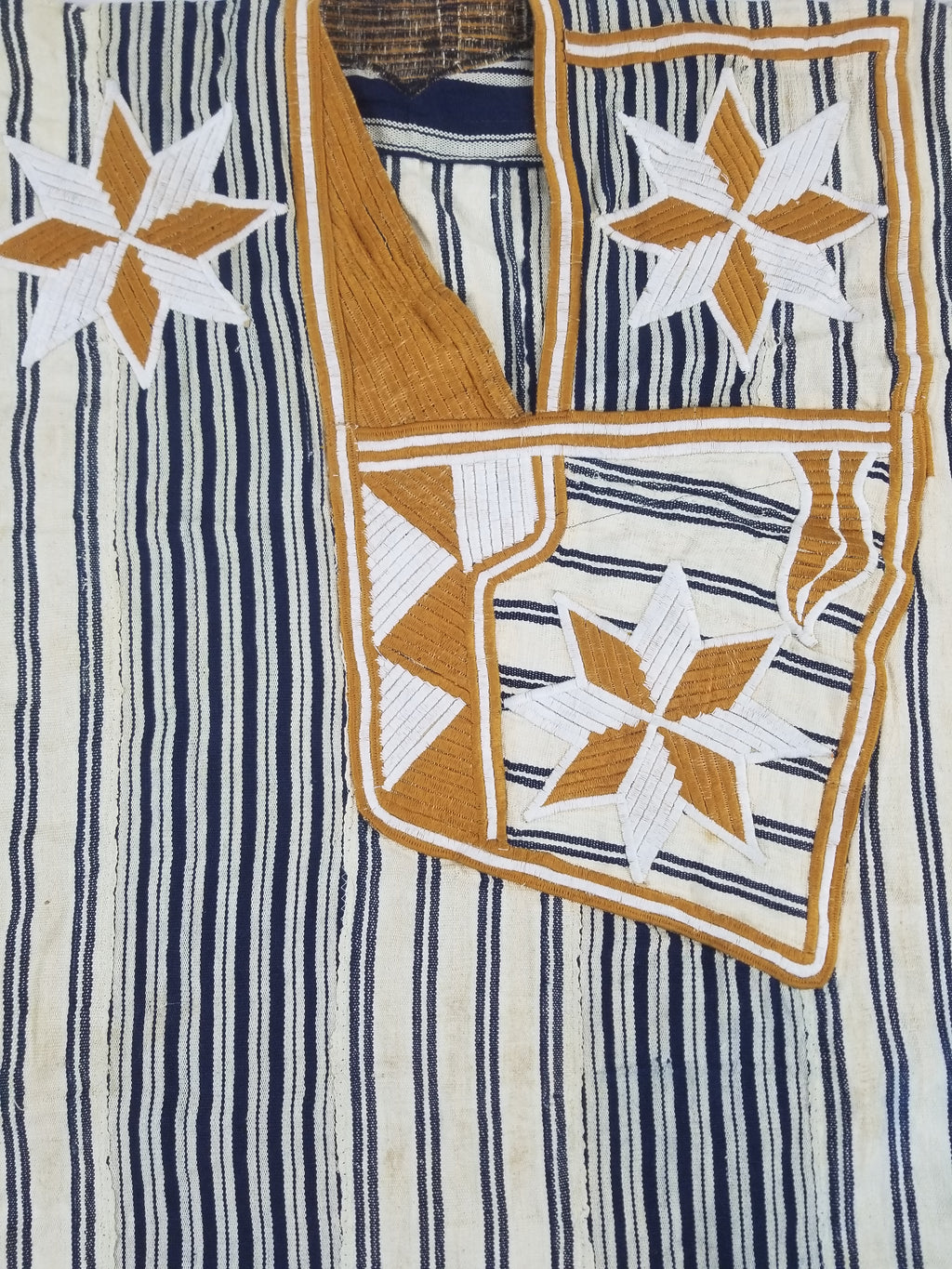Vintage African Handwoven Indigo Stripe Star Embroidered Kaftan 228x129cm