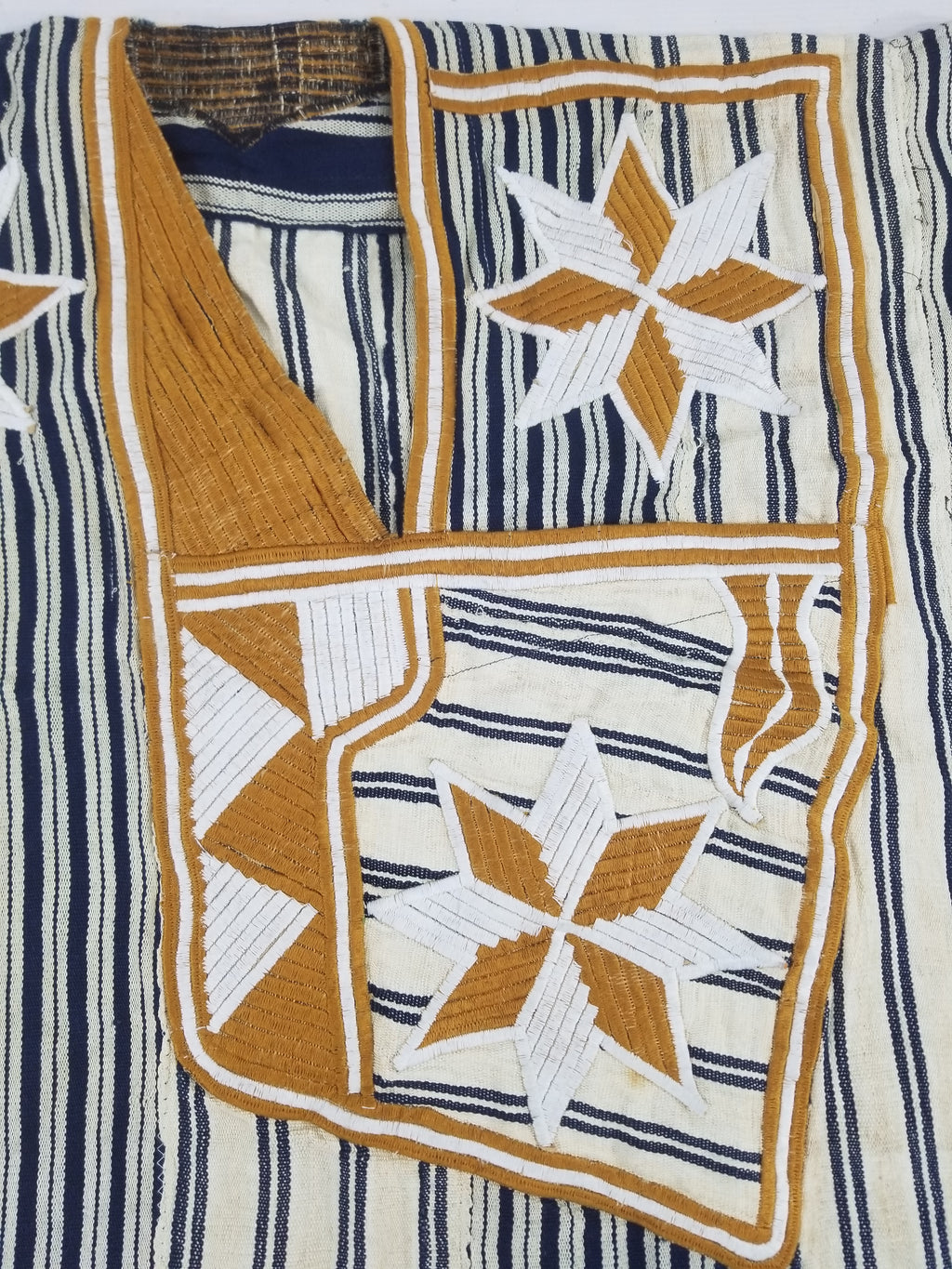 Vintage African Handwoven Indigo Stripe Star Embroidered Kaftan 228x129cm