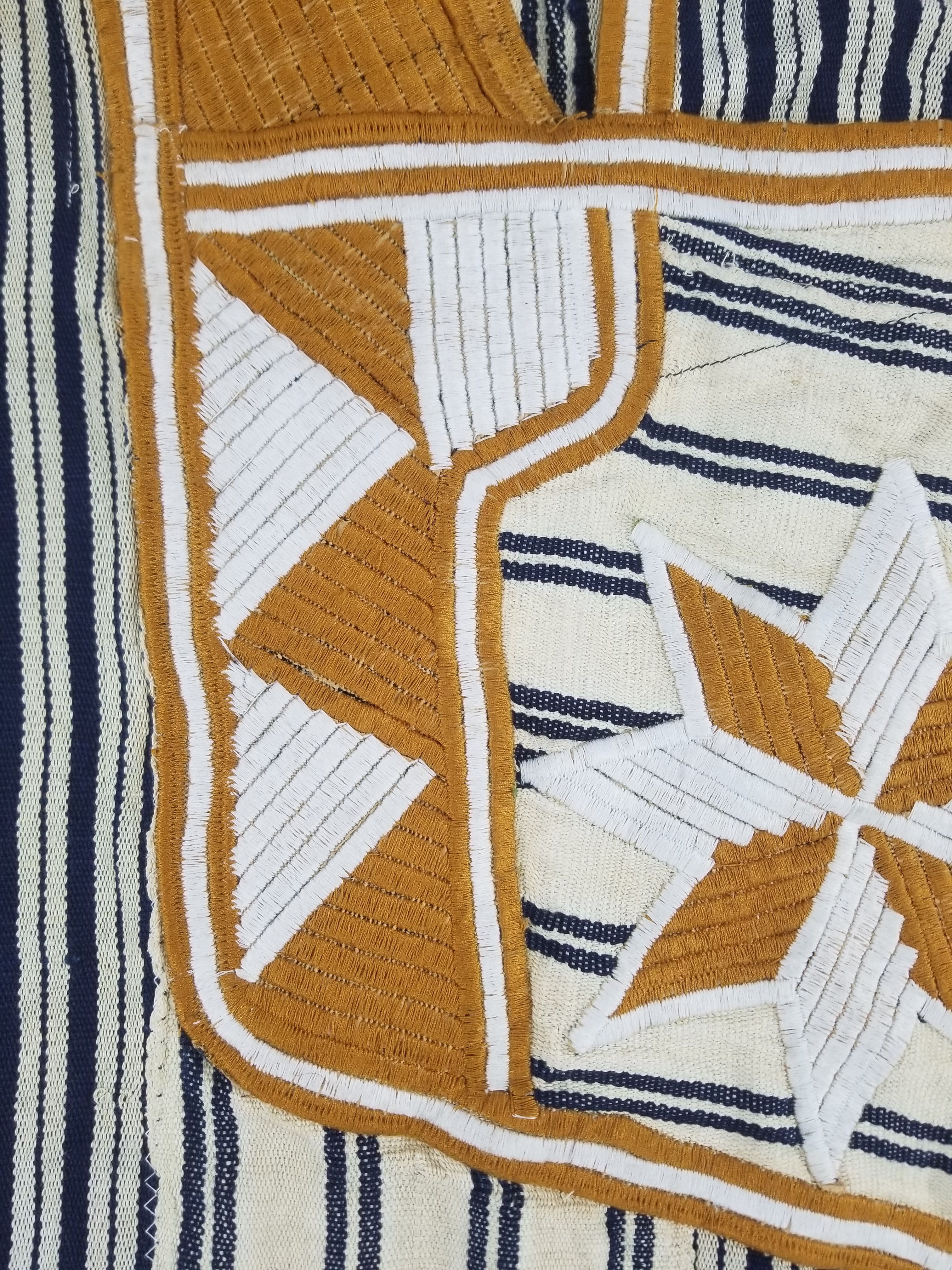 Vintage African Handwoven Indigo Stripe Star Embroidered Kaftan 228x129cm