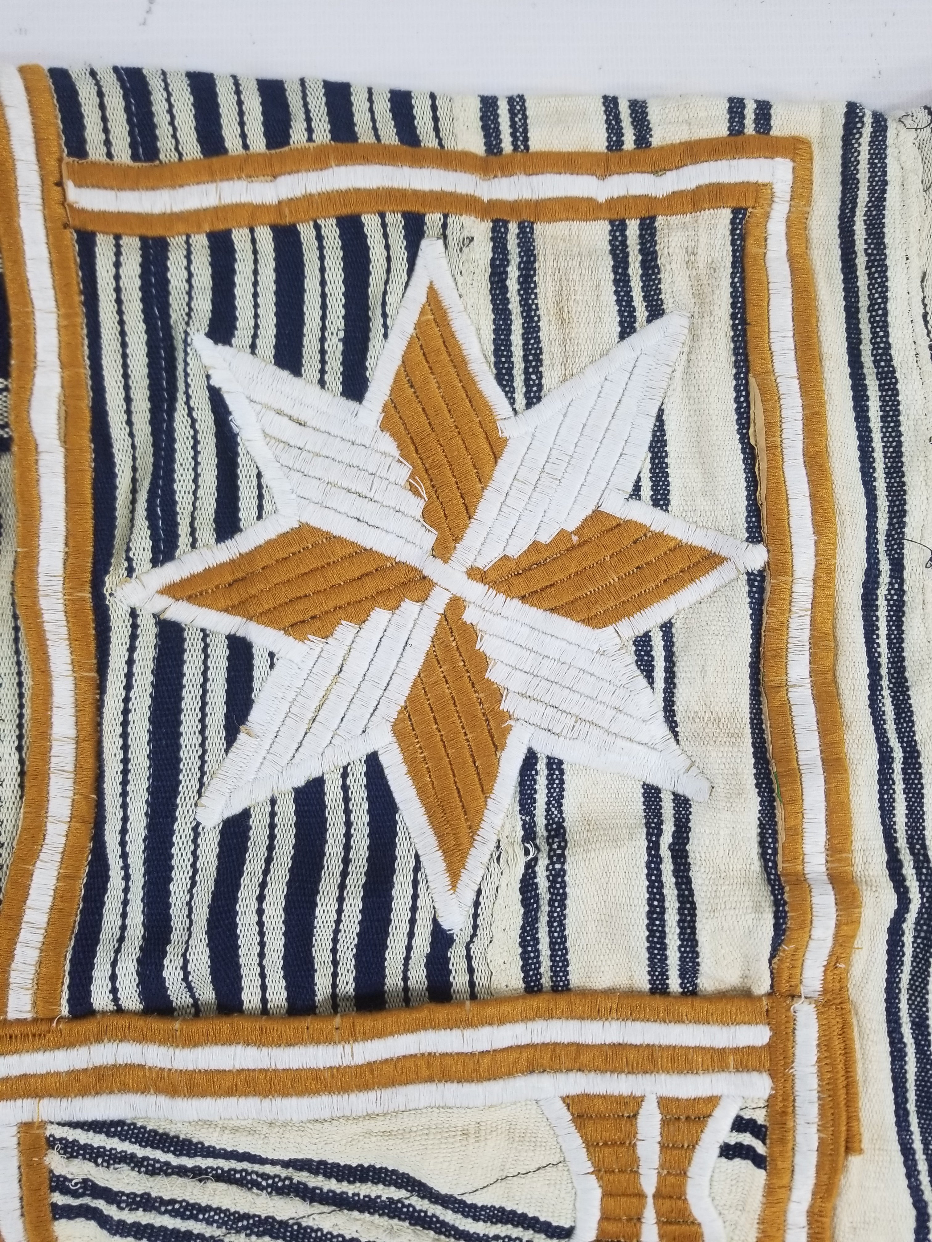 Vintage African Handwoven Indigo Stripe Star Embroidered Kaftan 228x129cm