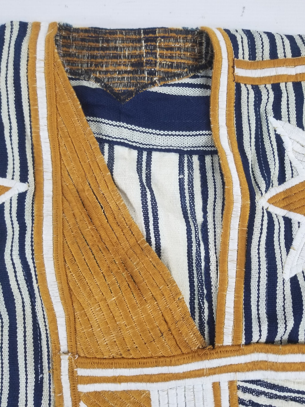 Vintage African Handwoven Indigo Stripe Star Embroidered Kaftan 228x129cm