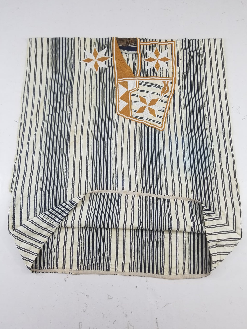 Vintage African Handwoven Indigo Stripe Star Embroidered Kaftan 228x129cm
