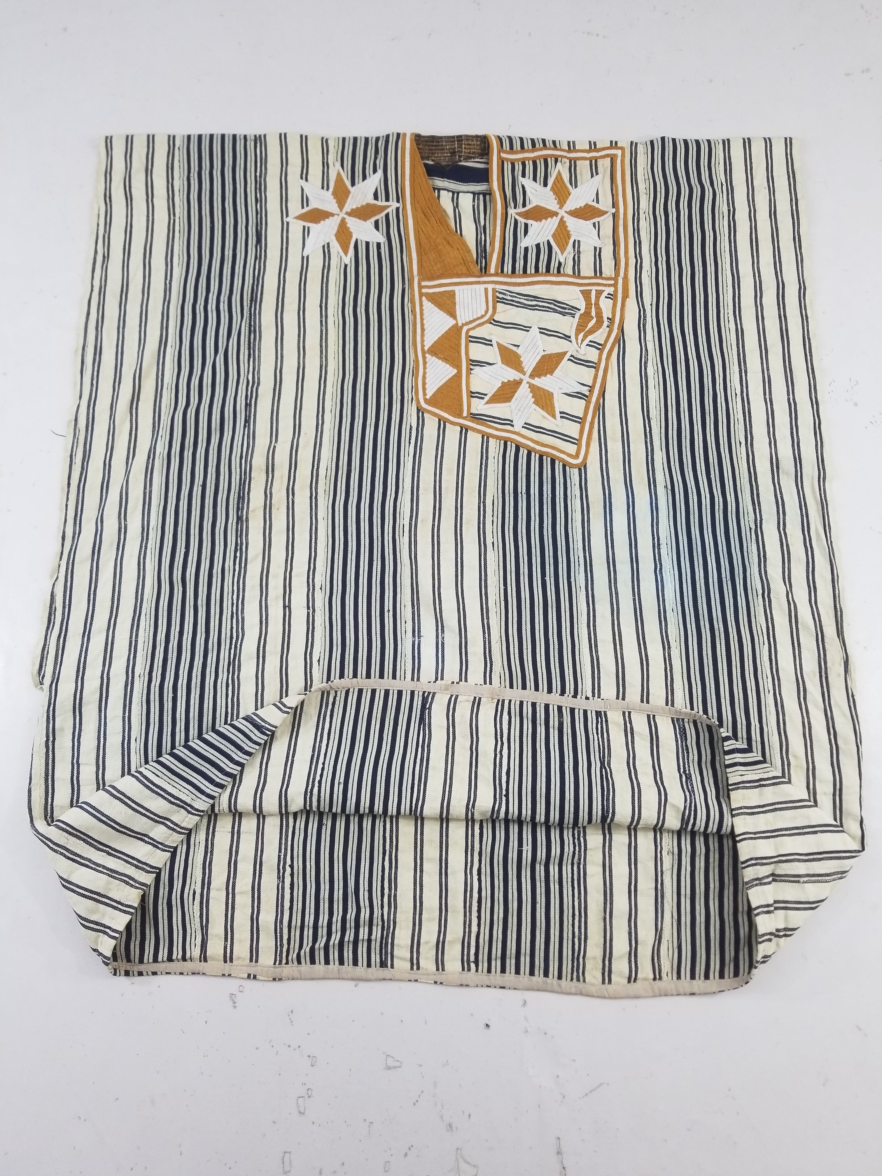 Vintage African Handwoven Indigo Stripe Star Embroidered Kaftan 228x129cm