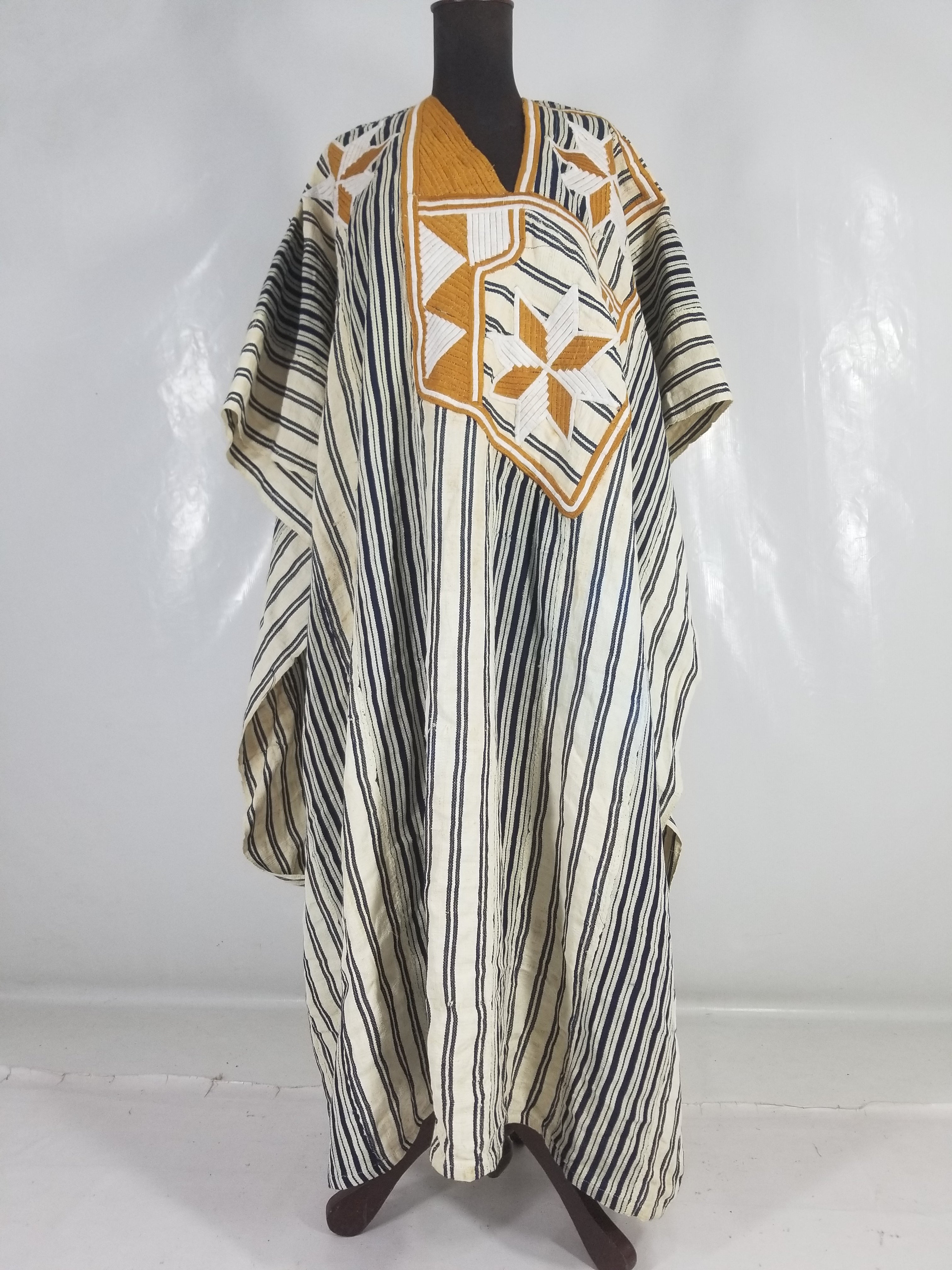 Vintage African Handwoven Indigo Stripe Star Embroidered Kaftan 228x129cm