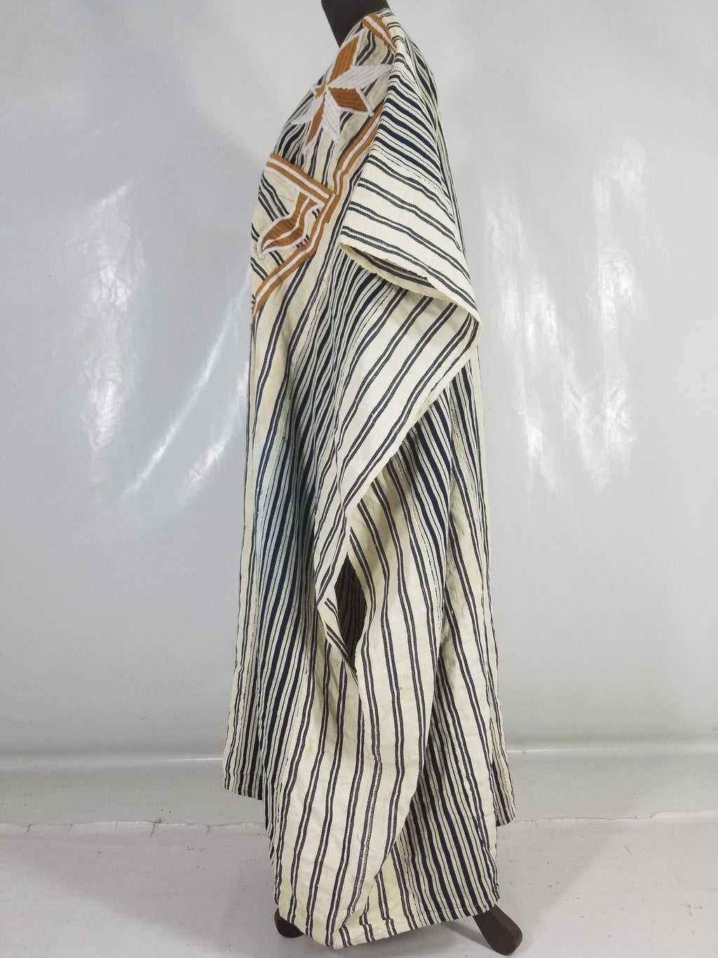 Vintage African Handwoven Indigo Stripe Star Embroidered Kaftan 228x129cm