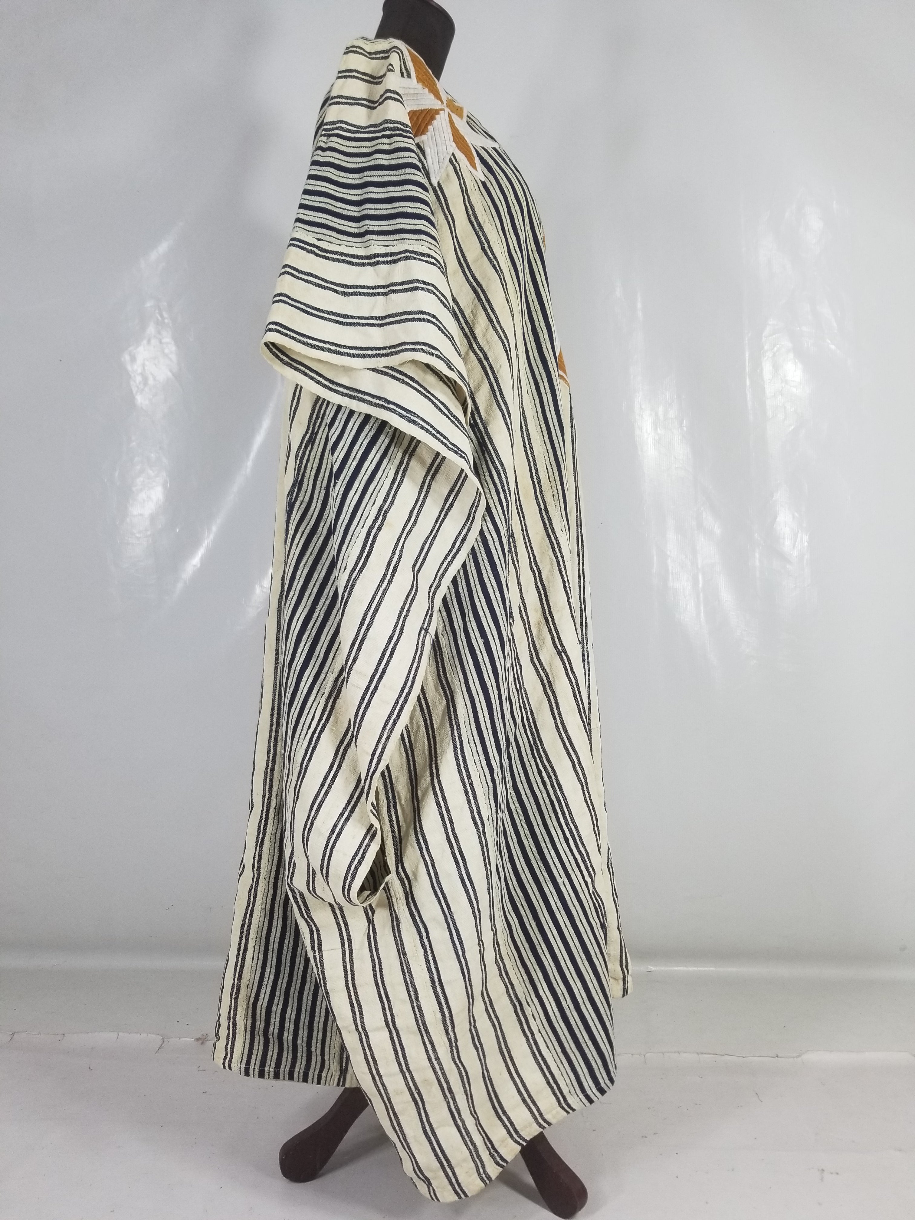 Vintage African Handwoven Indigo Stripe Star Embroidered Kaftan 228x129cm