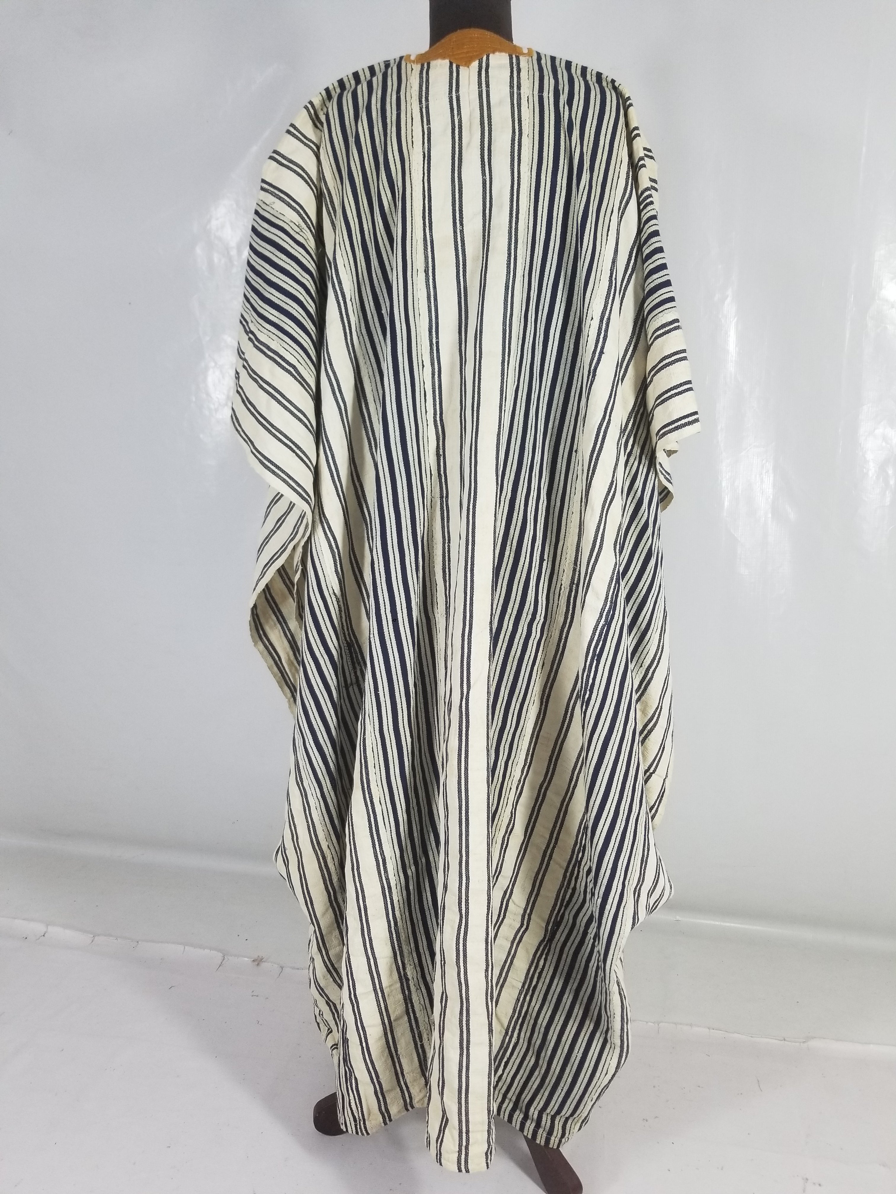 Vintage African Handwoven Indigo Stripe Star Embroidered Kaftan 228x129cm