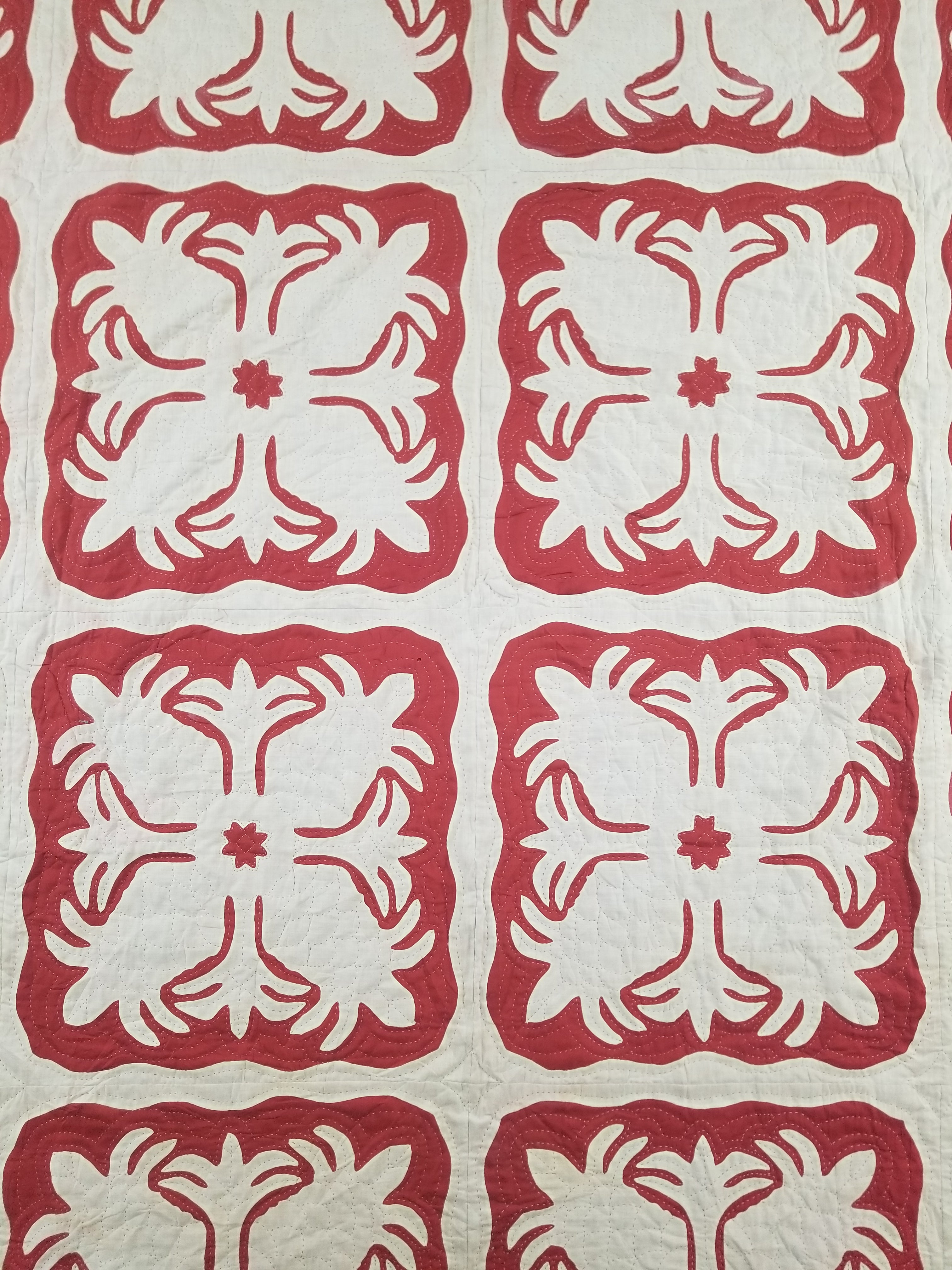 Vintage Traditional Hawaiian Style Hand Applique Quilted Bedspread 267x213cm